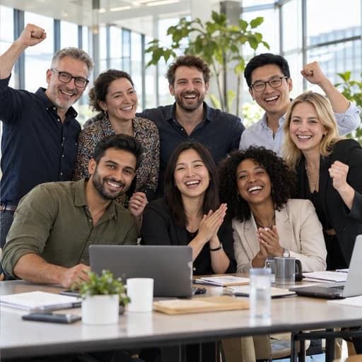 A diverse team celebrating together in a bright office