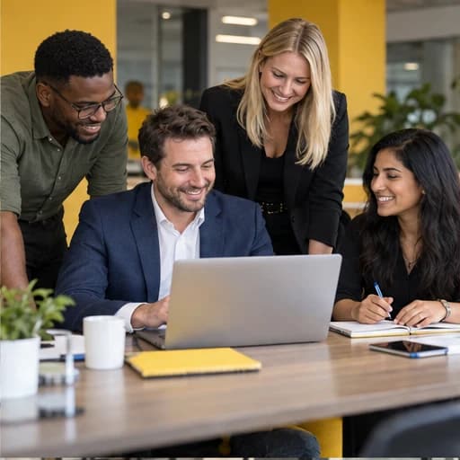 Colleagues collaborating on ideas around a laptop