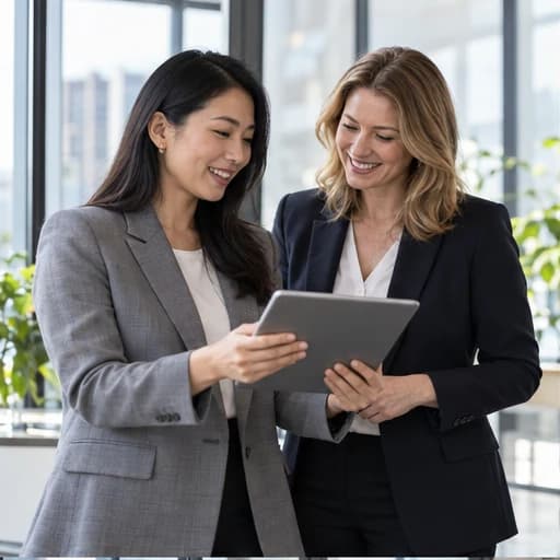 Two business professionals reviewing their work on a tablet