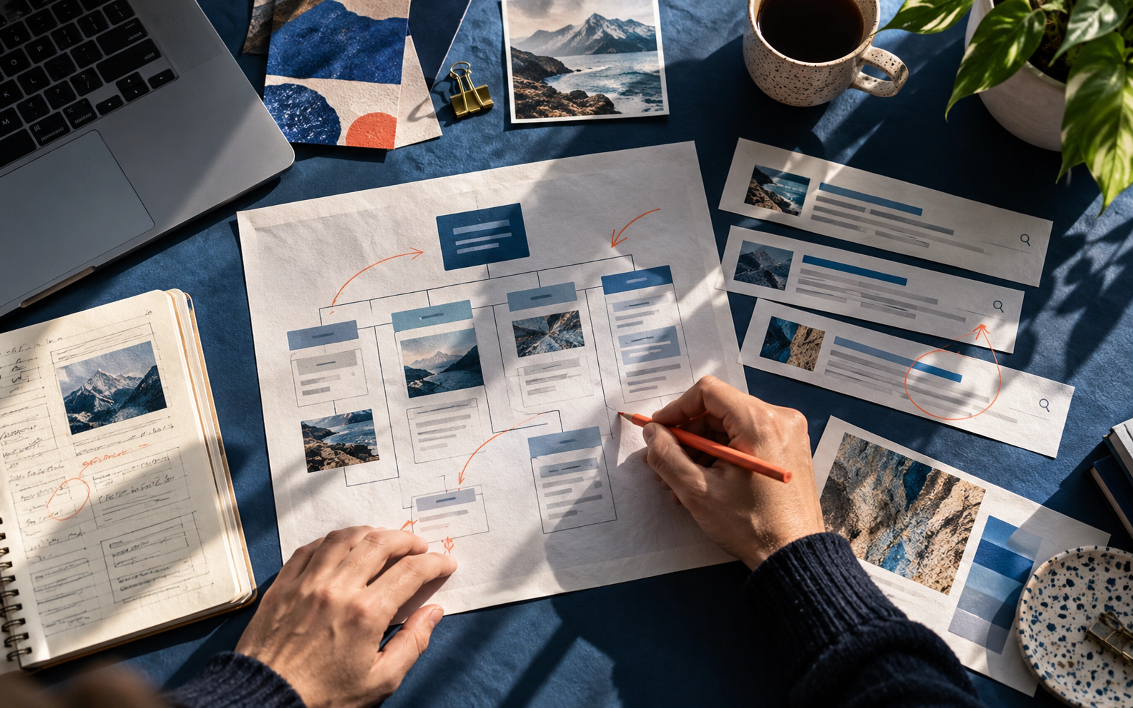 Search optimization research with website structure and search-result printouts