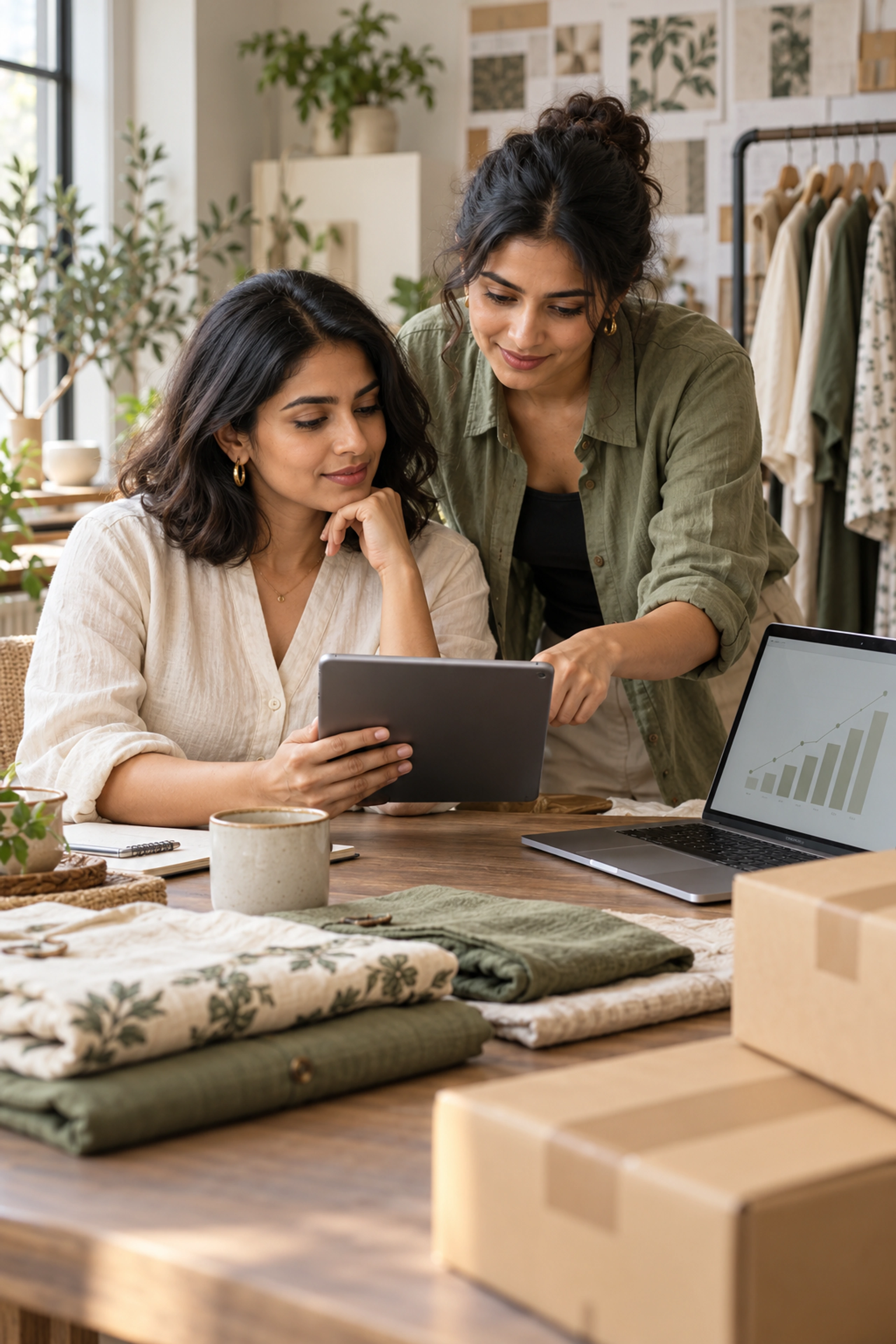 Ecommerce founder and marketing specialist reviewing a store and sales results