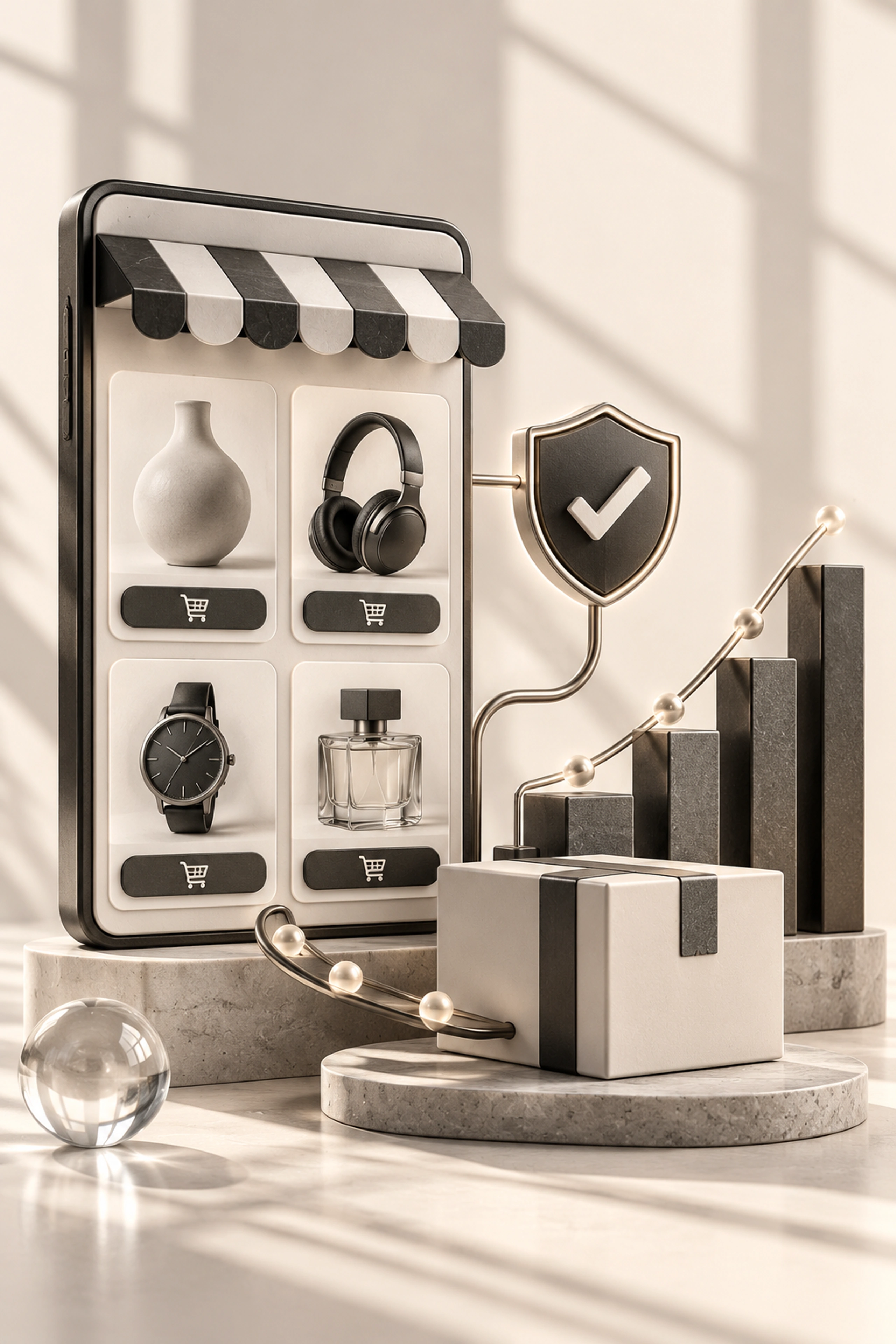 Monochrome illustration connecting storefront improvements, secure checkout and revenue