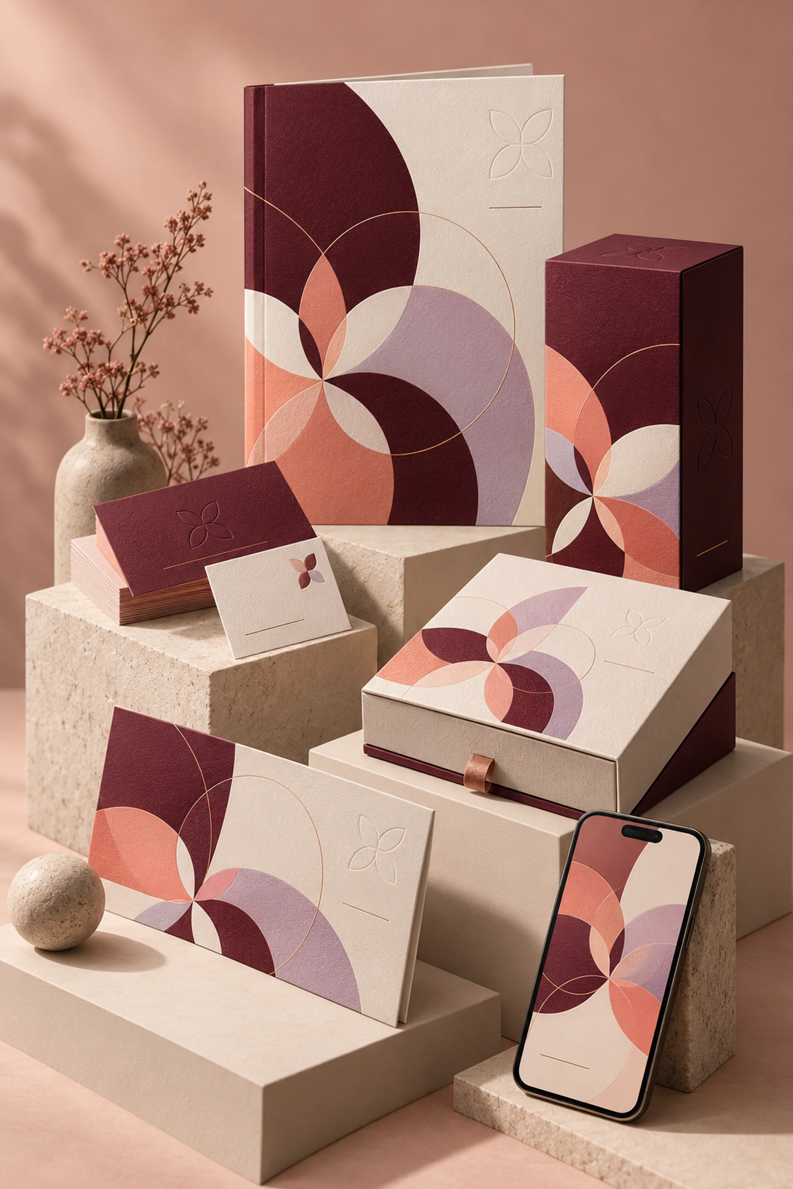 Coordinated logo, stationery, packaging, presentation and social creative mockups