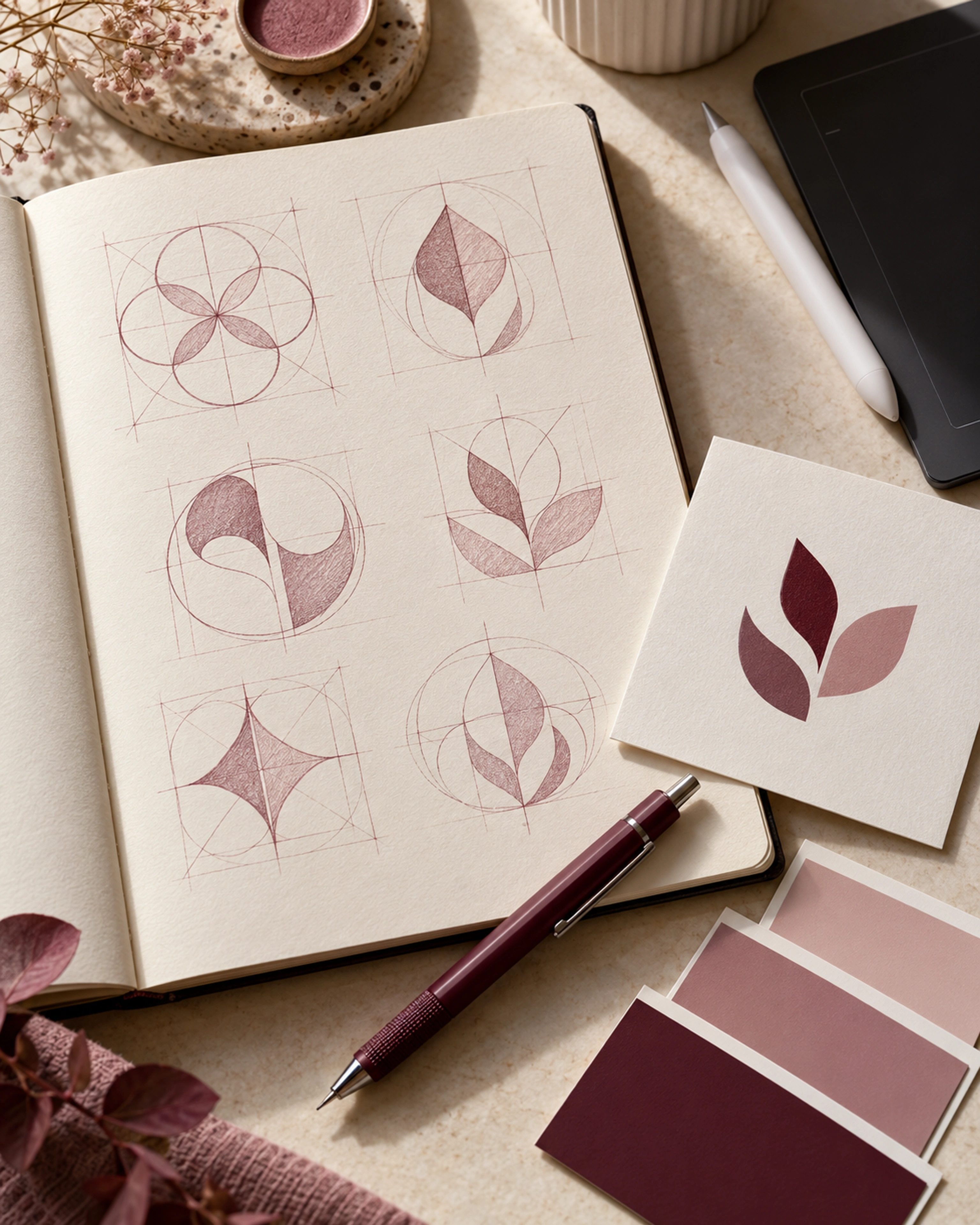 Logo concept sketches, construction grids and colour swatches for a custom visual identity