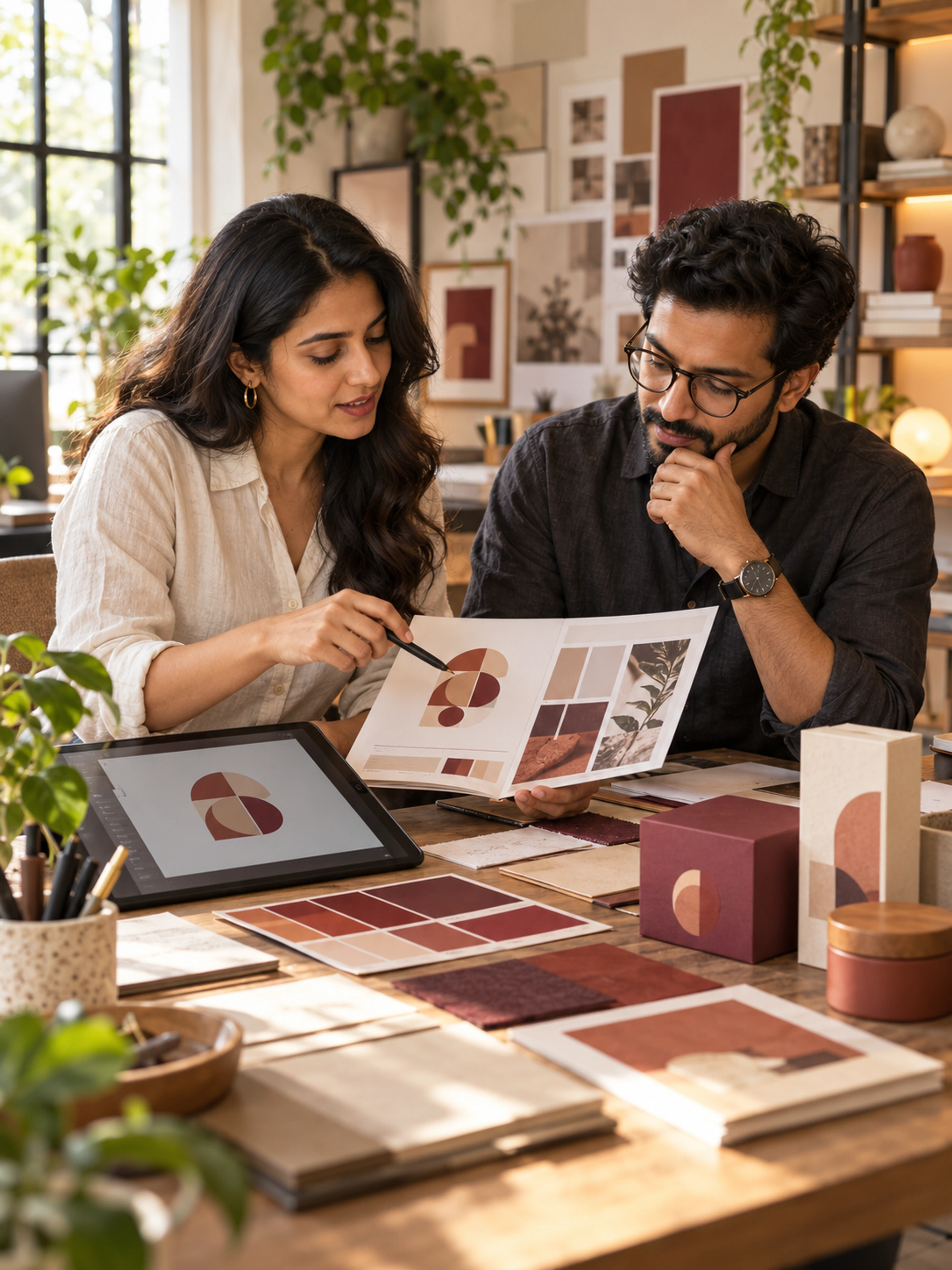 Graphic designers refining a brand guide, colour palette and packaging together