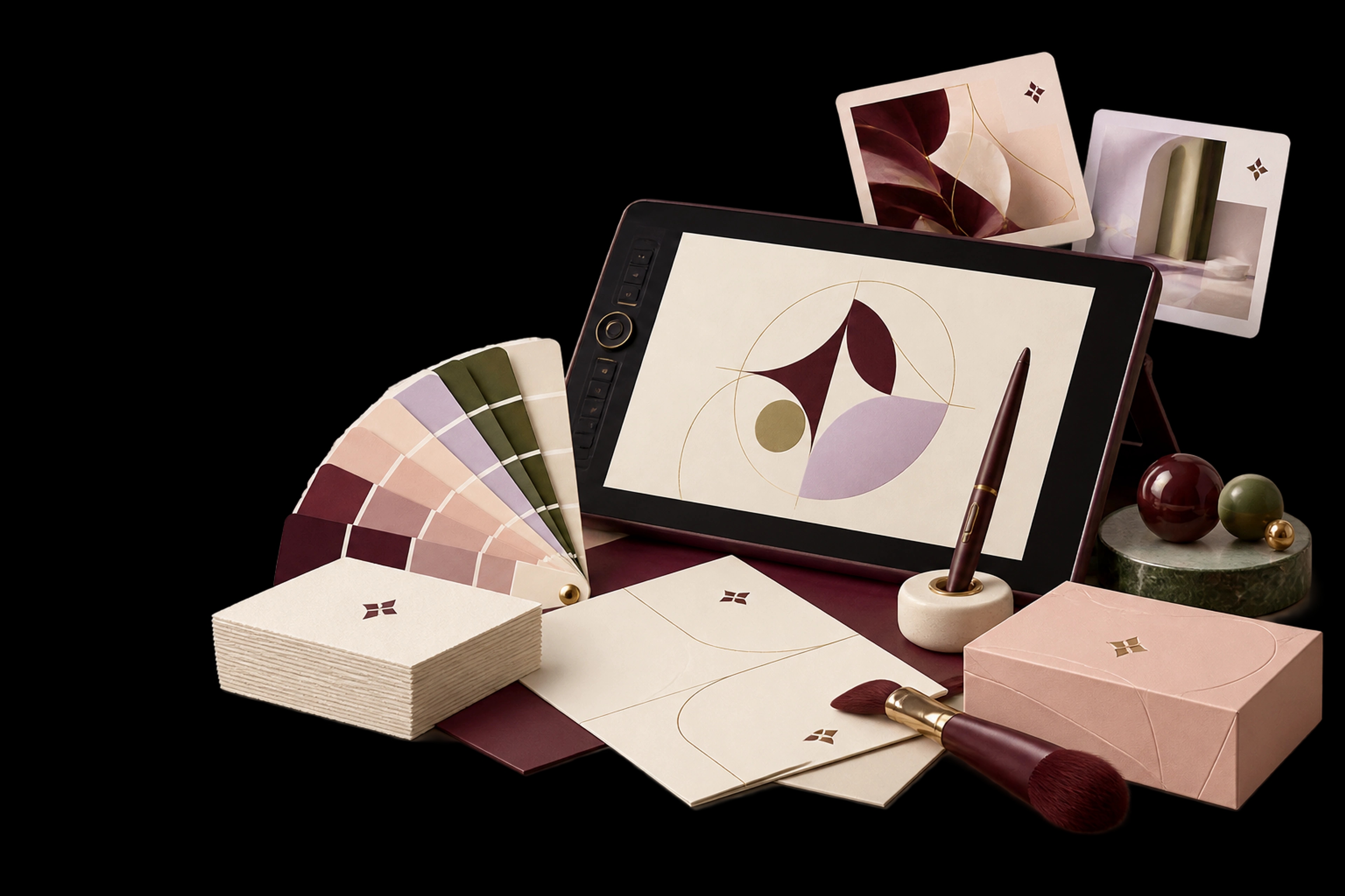 Creative design workspace with a pen tablet, brand stationery, colour swatches and packaging mockups