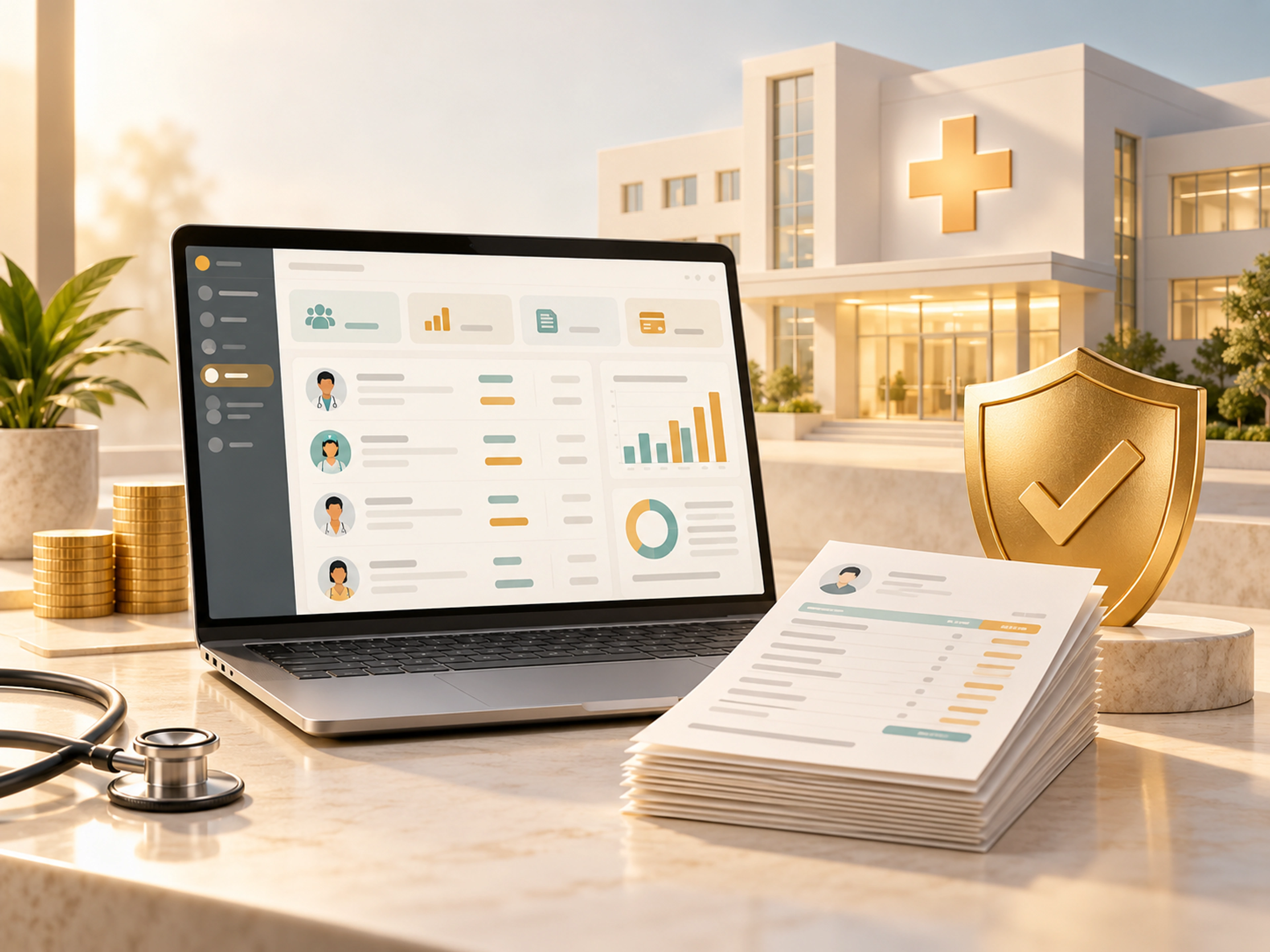 A medical cross, healthcare building, payroll dashboard and compliance shield illustrating a healthcare payroll system.