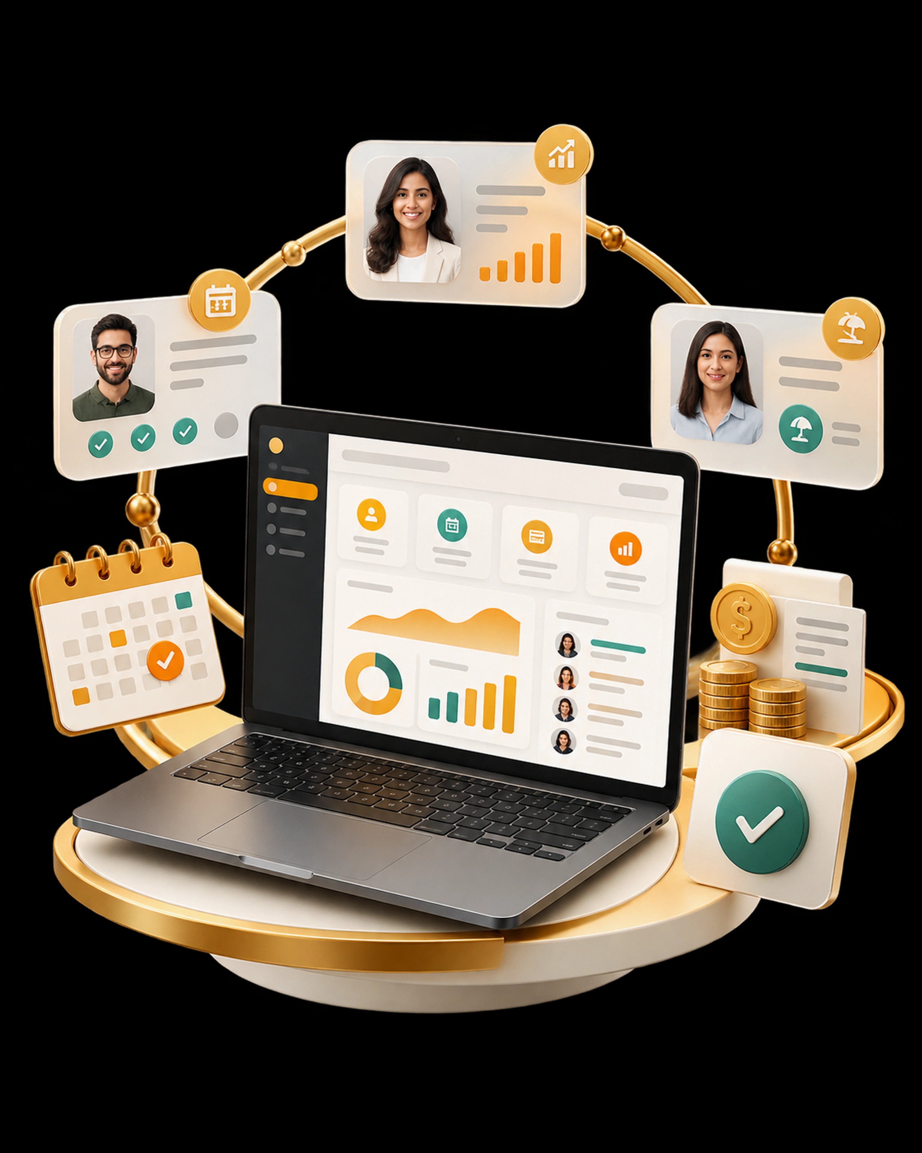 A connected HR platform illustration with an employee dashboard, attendance calendar, payroll and profile cards.