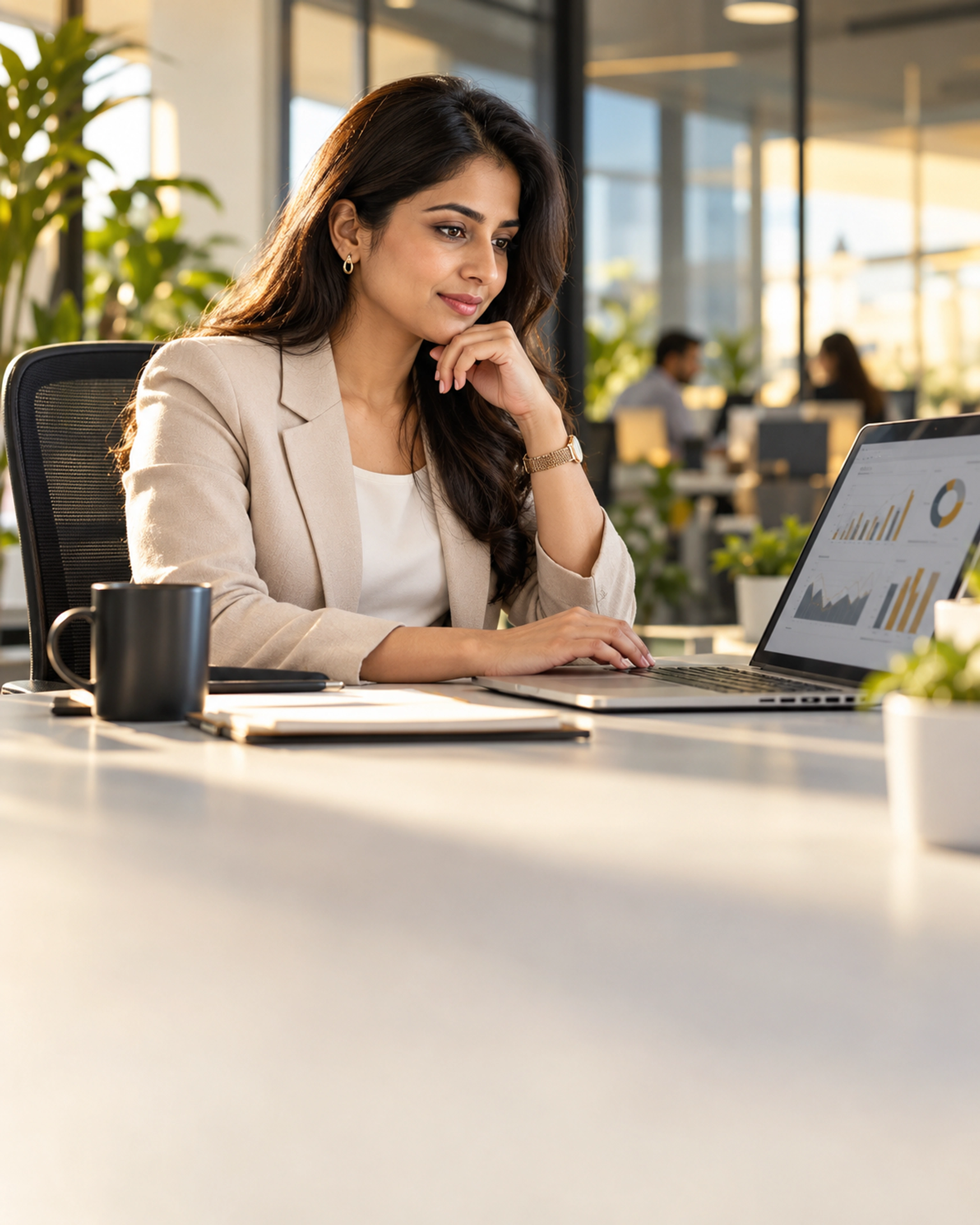 An HR operations professional reviewing attendance and payroll on a laptop in a modern office.