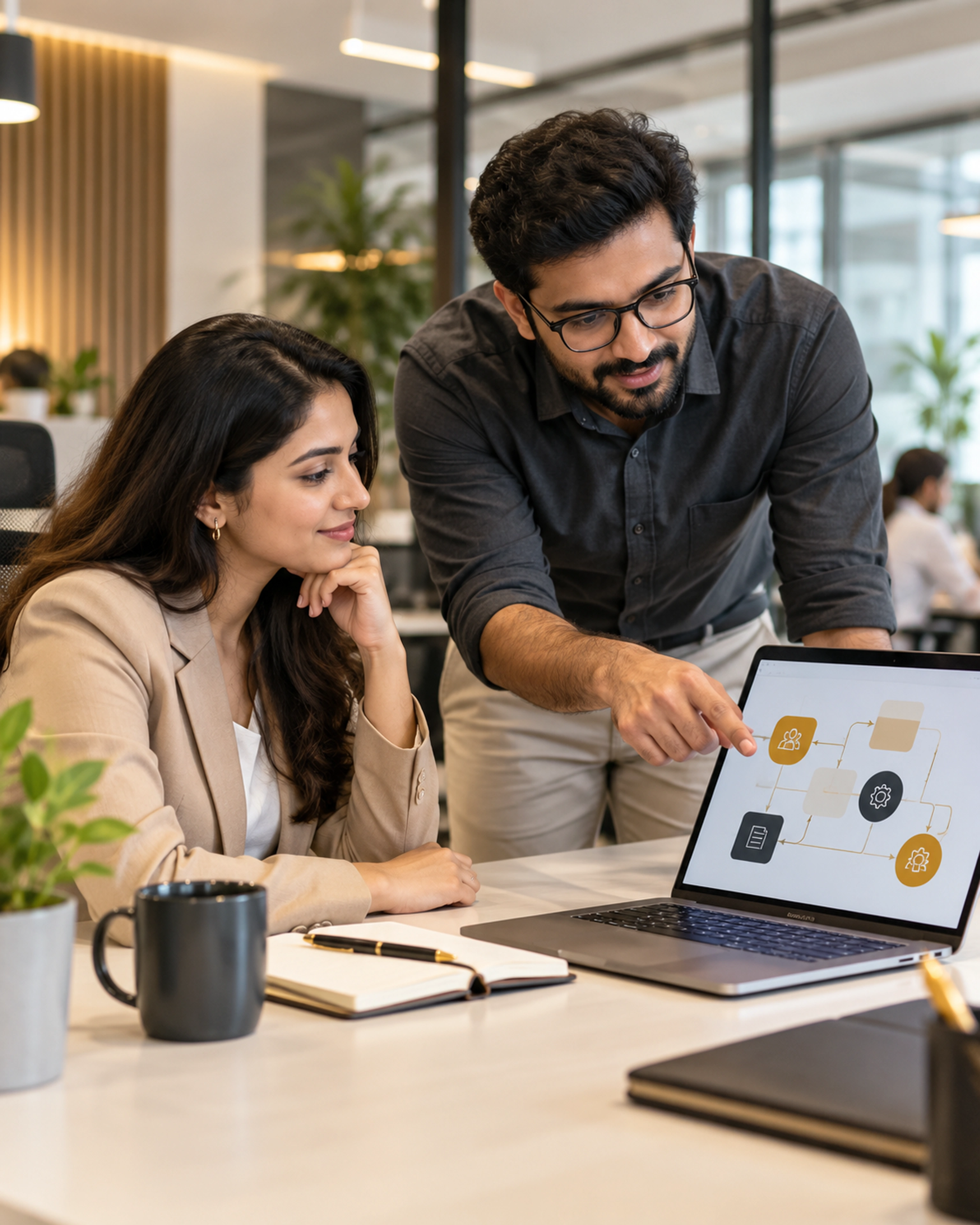 An HR consultant and software engineer collaborating on a workflow, representing practical and scalable HRMS development.