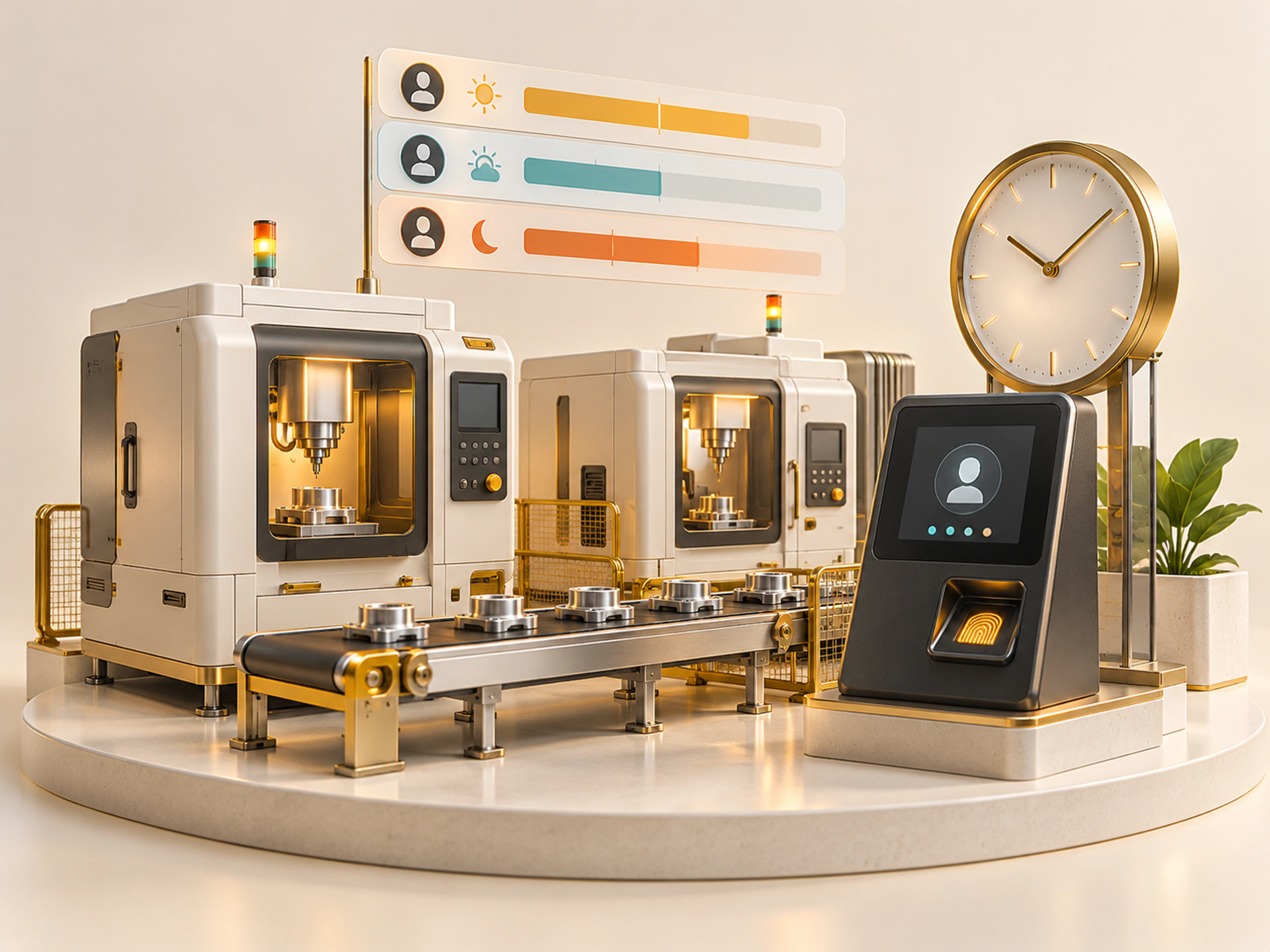 A manufacturing floor, attendance terminal, clock and shift timelines illustrating plant-level attendance and overtime tracking.