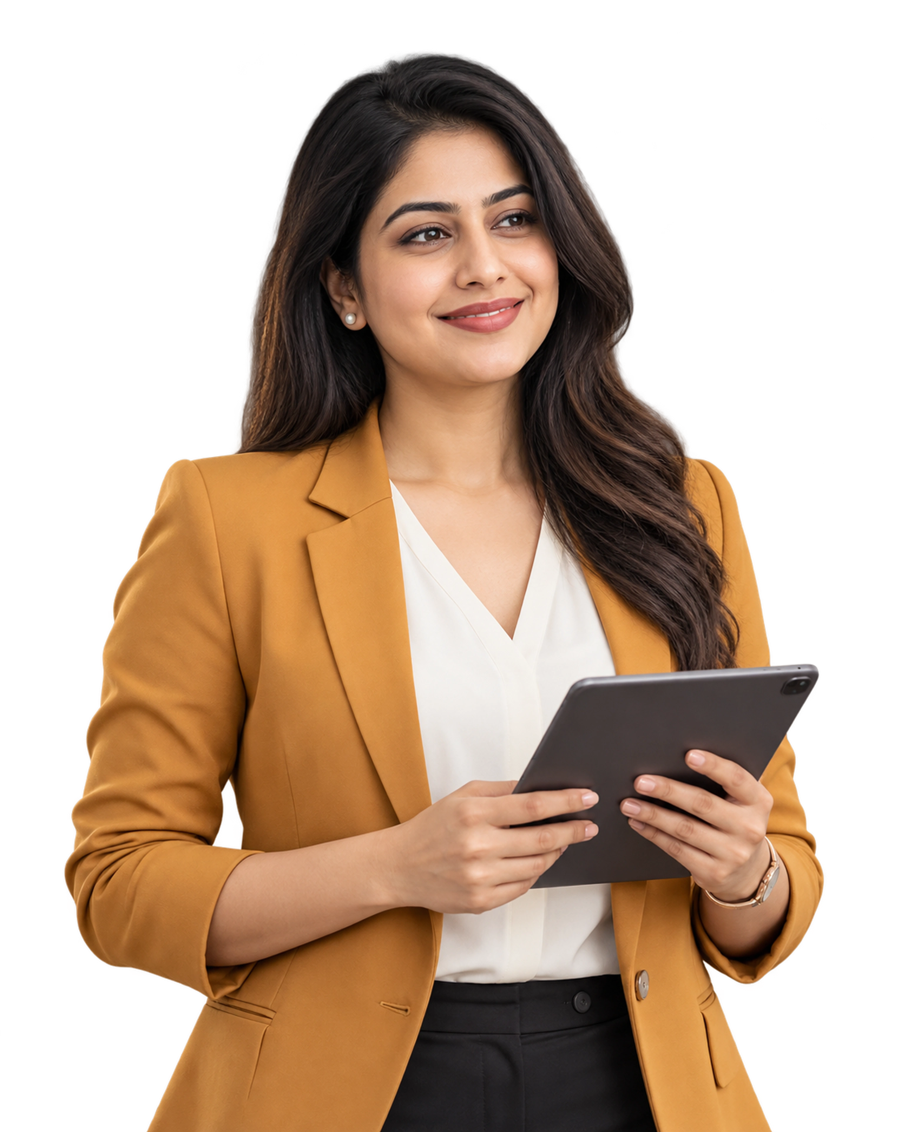 An HR professional in an amber blazer holding a tablet, representing people-first HR software expertise.