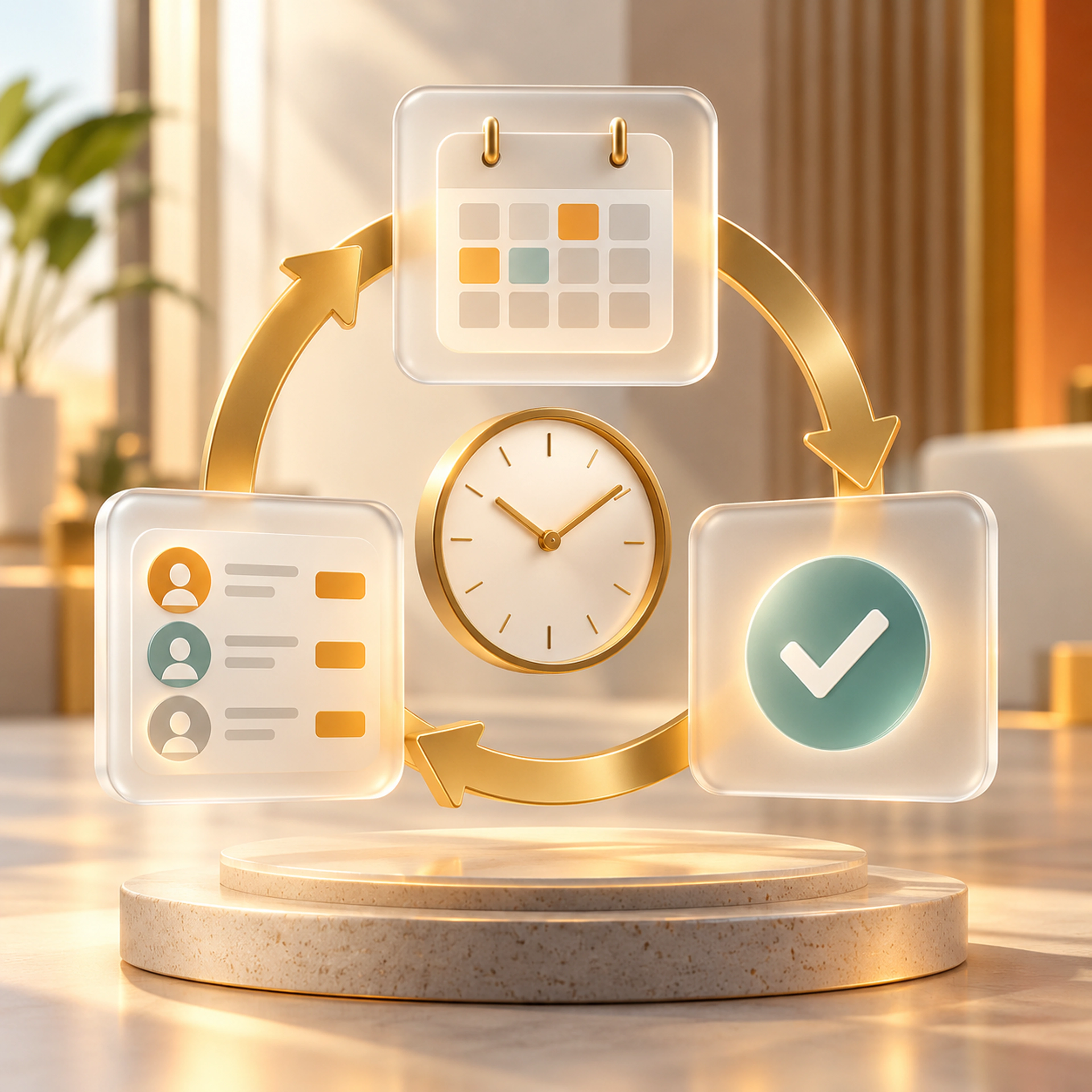 Calendar, payroll and approval tiles connected by a gold loop, representing routine HR task automation.