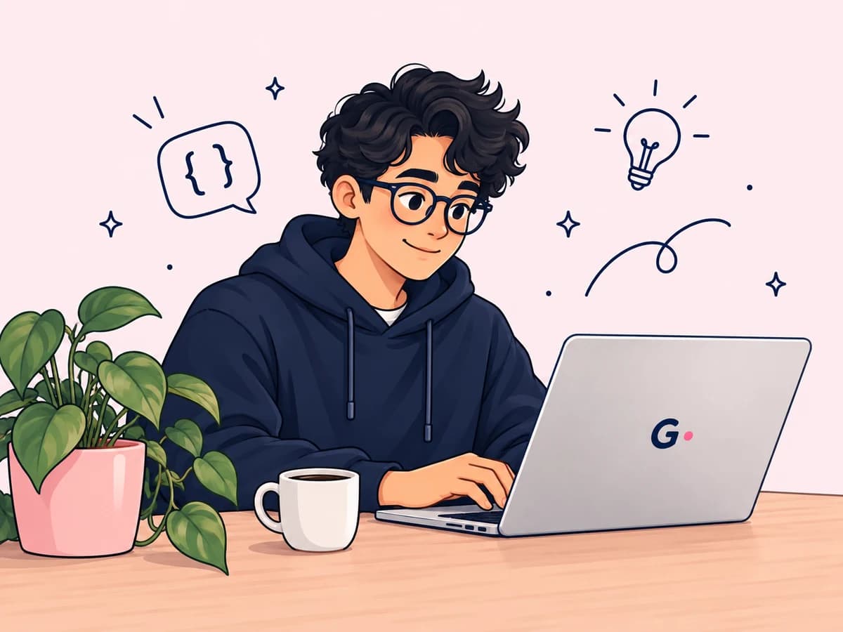 Illustration of a developer in a navy hoodie working on a Growthys laptop, with a plant, coffee, and creative doodles.