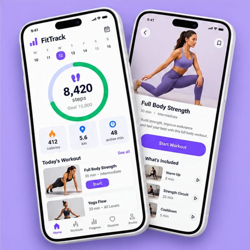 FitTrack app concept shown on two mobile screens