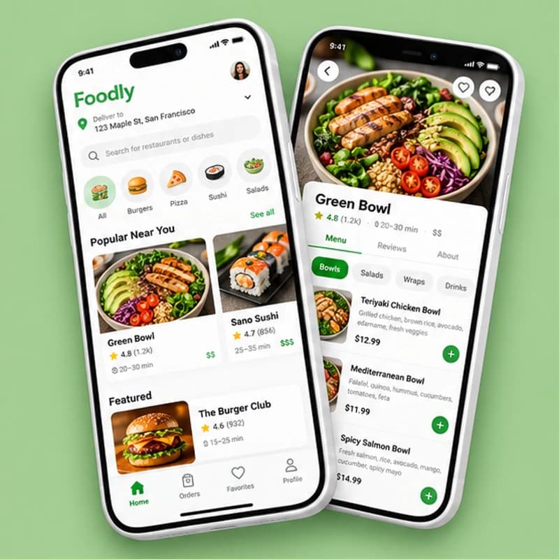 Foodly app concept shown on two mobile screens