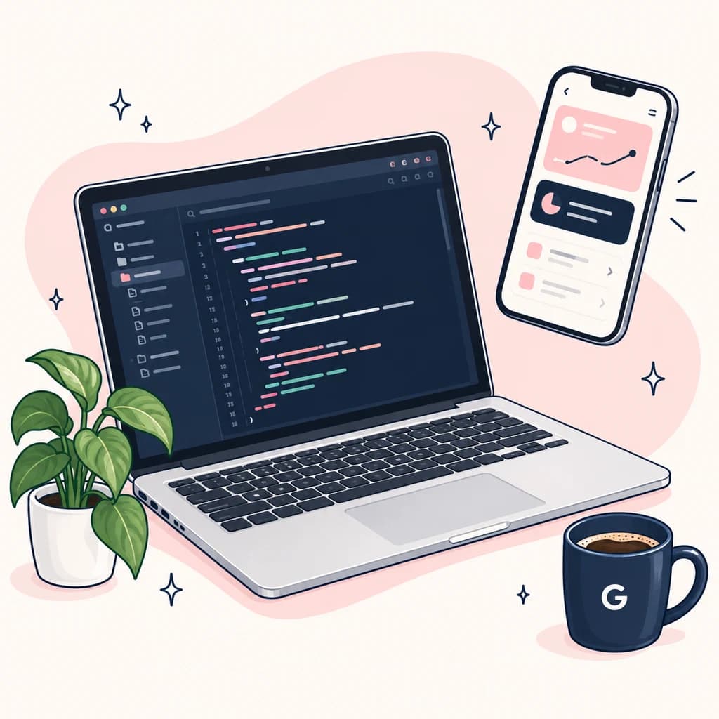 Illustration of a laptop with a code editor, a mobile app, a leafy plant, and a Growthys coffee mug against a pink backdrop.