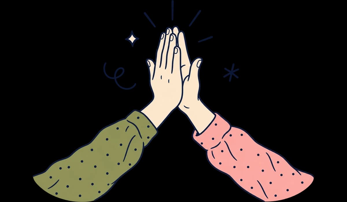 Two hands high-fiving, with green and pink sleeves and celebratory doodles, representing a creative partnership.