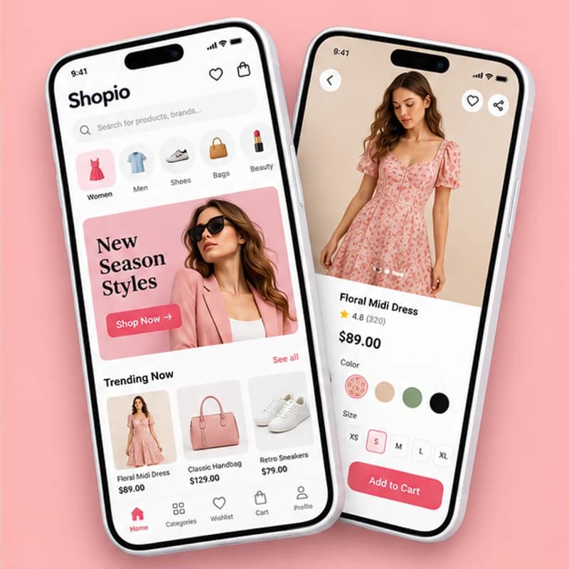 Shopio app concept shown on two mobile screens