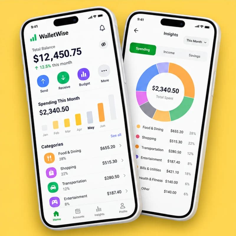 WalletWise app concept shown on two mobile screens