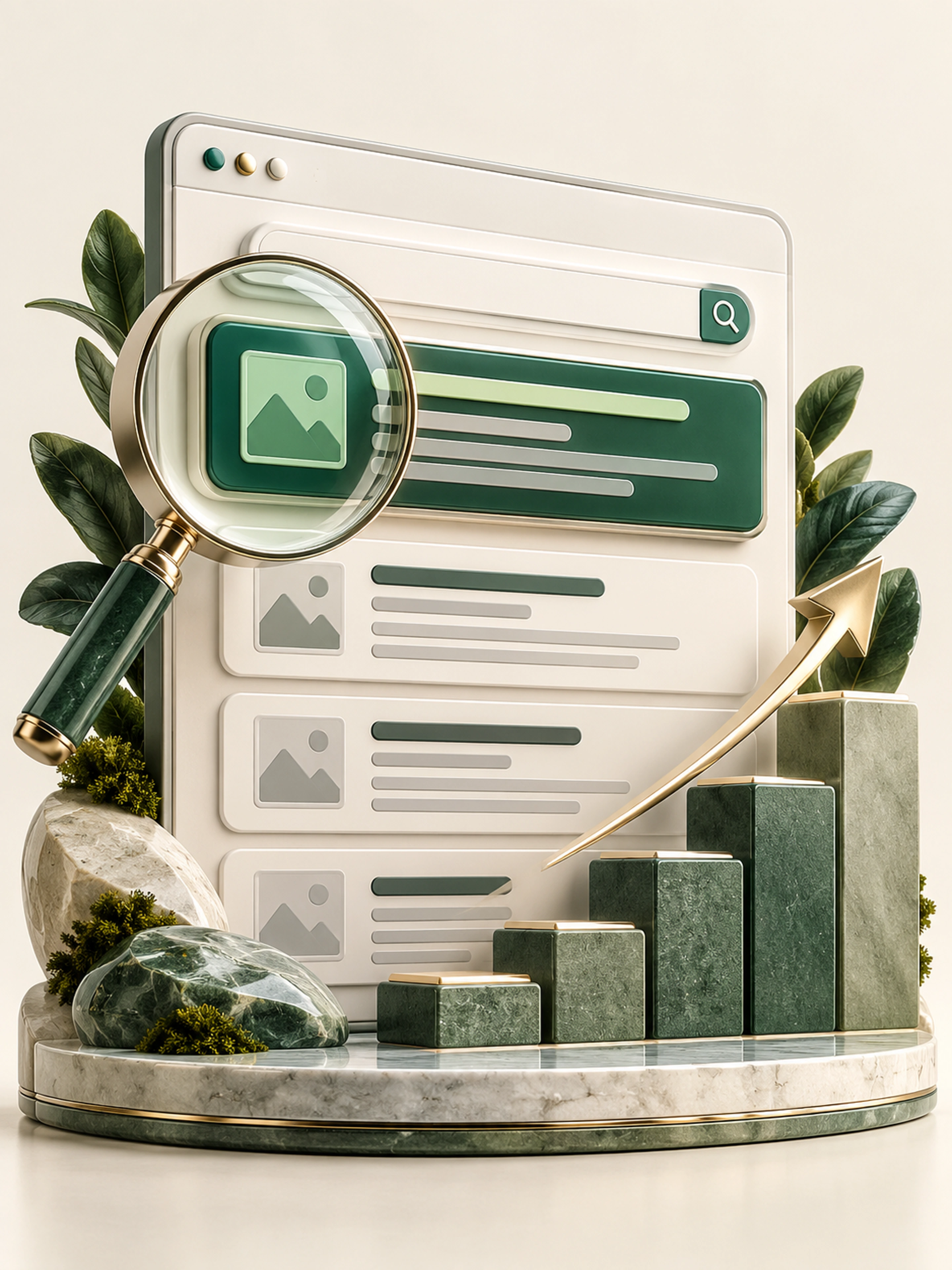 Organic search results with a magnifying lens and rising ranking steps