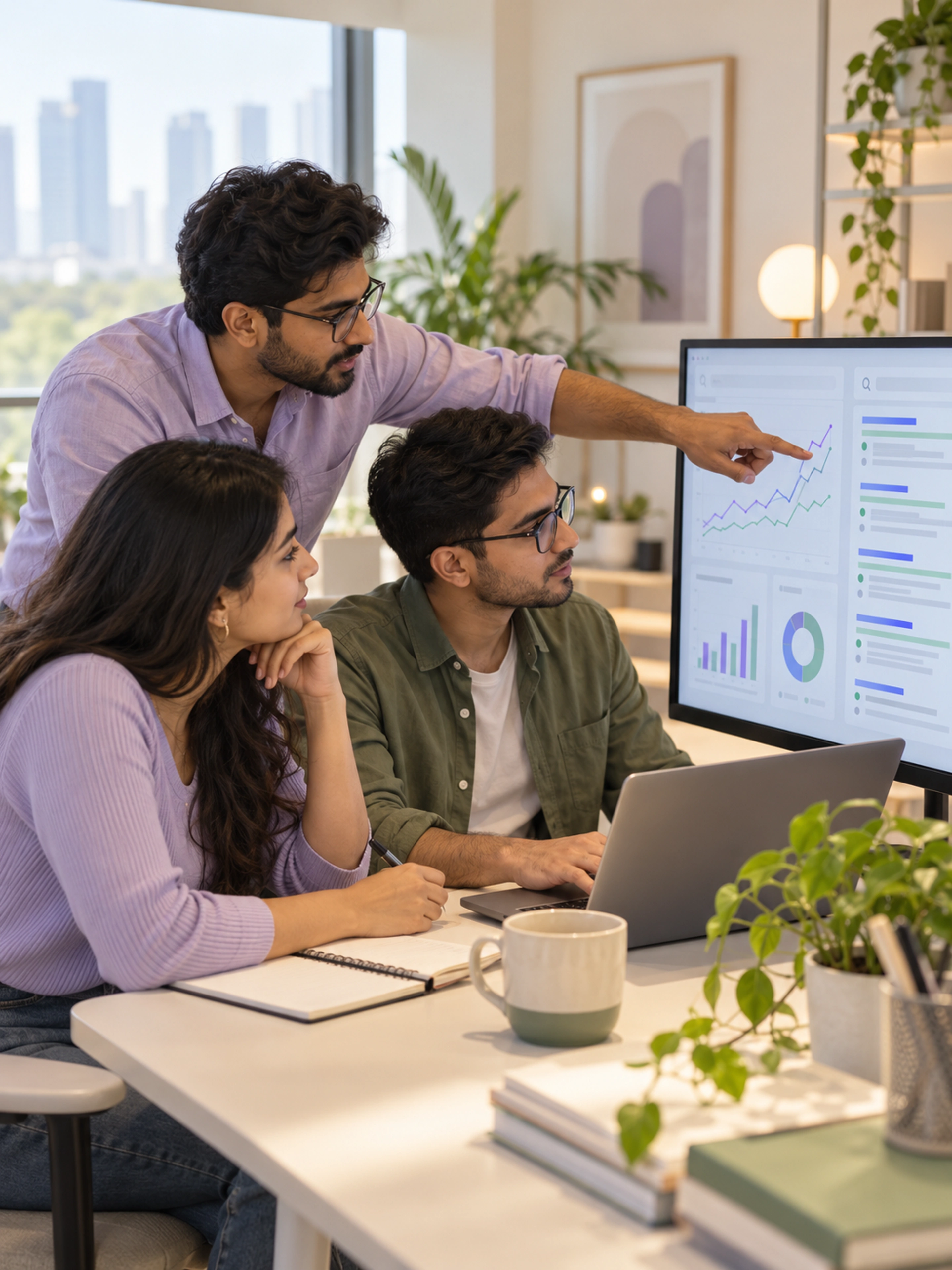 An SEO analyst, content strategist and developer reviewing organic search performance together
