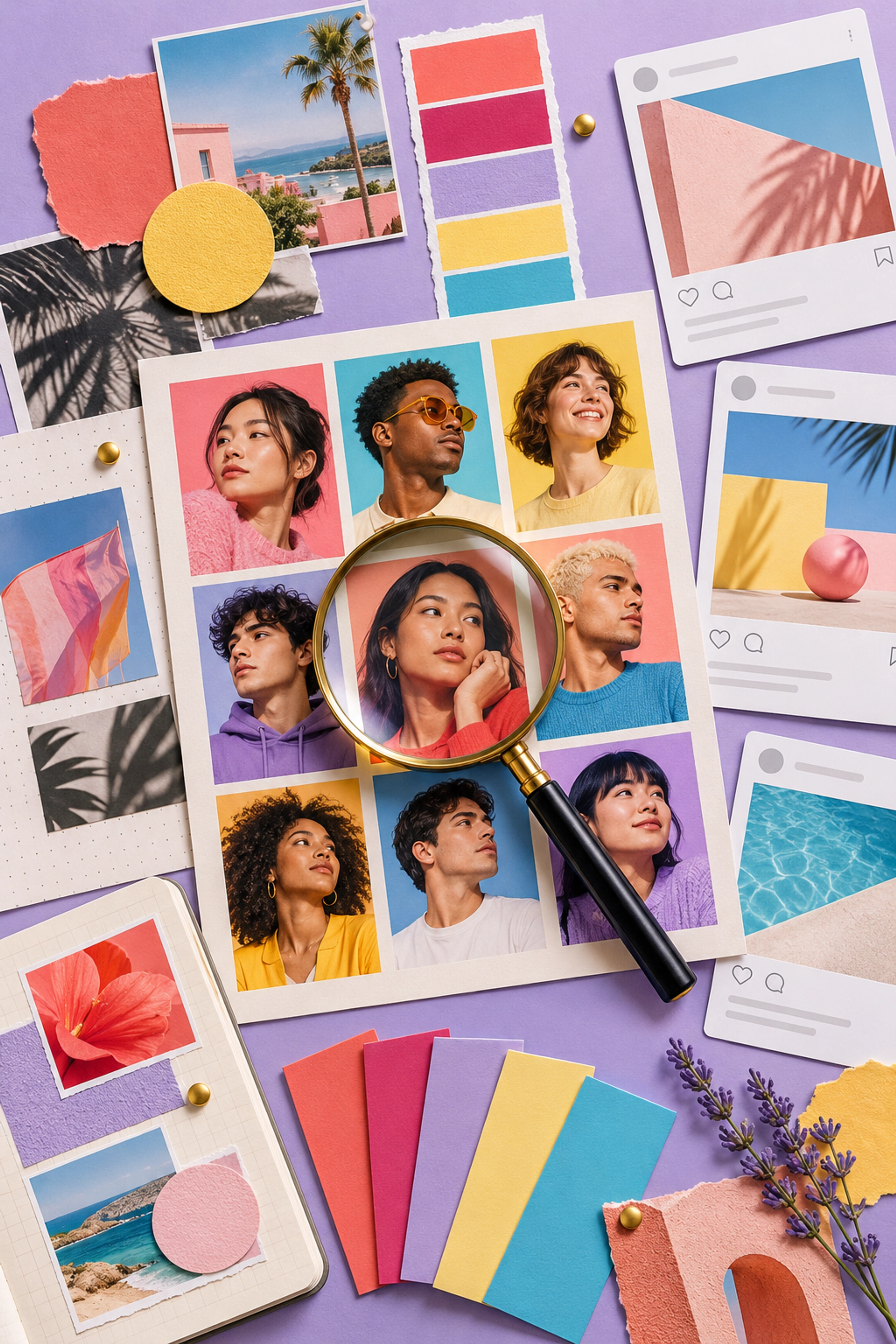 Audience research portraits, competitor feed cards and a brand discovery moodboard