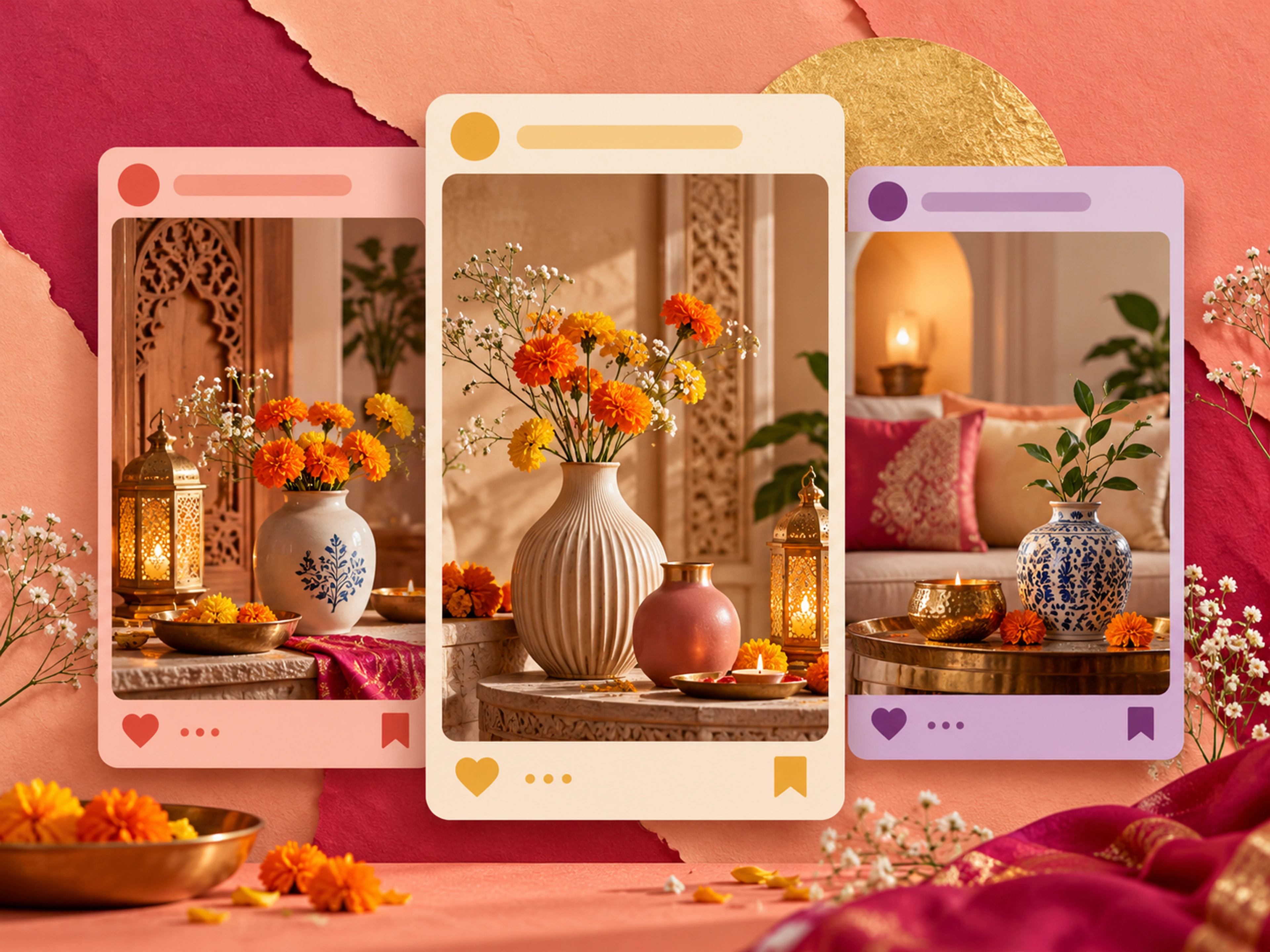 A festive home decor carousel campaign with layered social post creatives