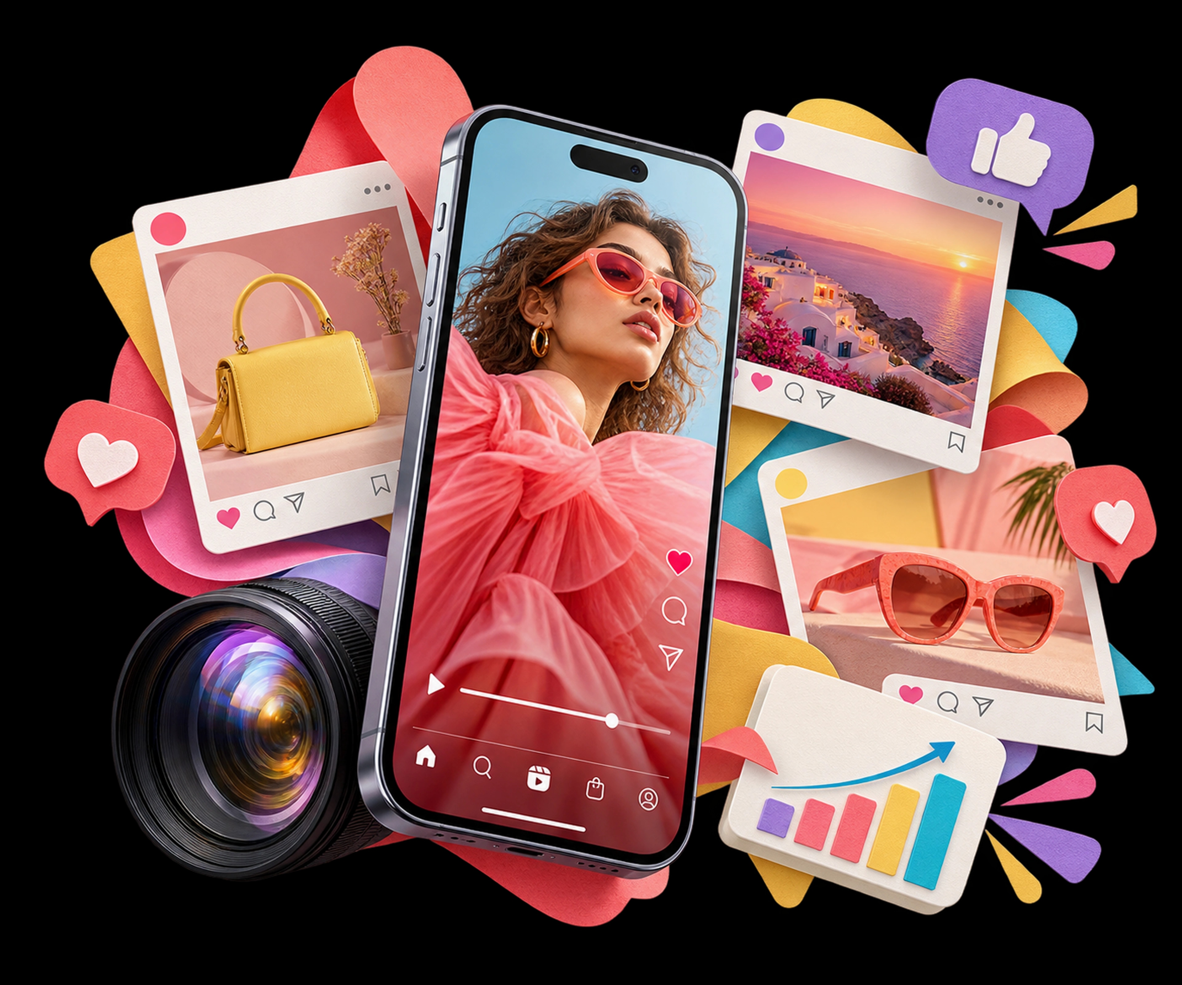 A fashion reel, social campaign cards and reach analytics in a colourful editorial collage