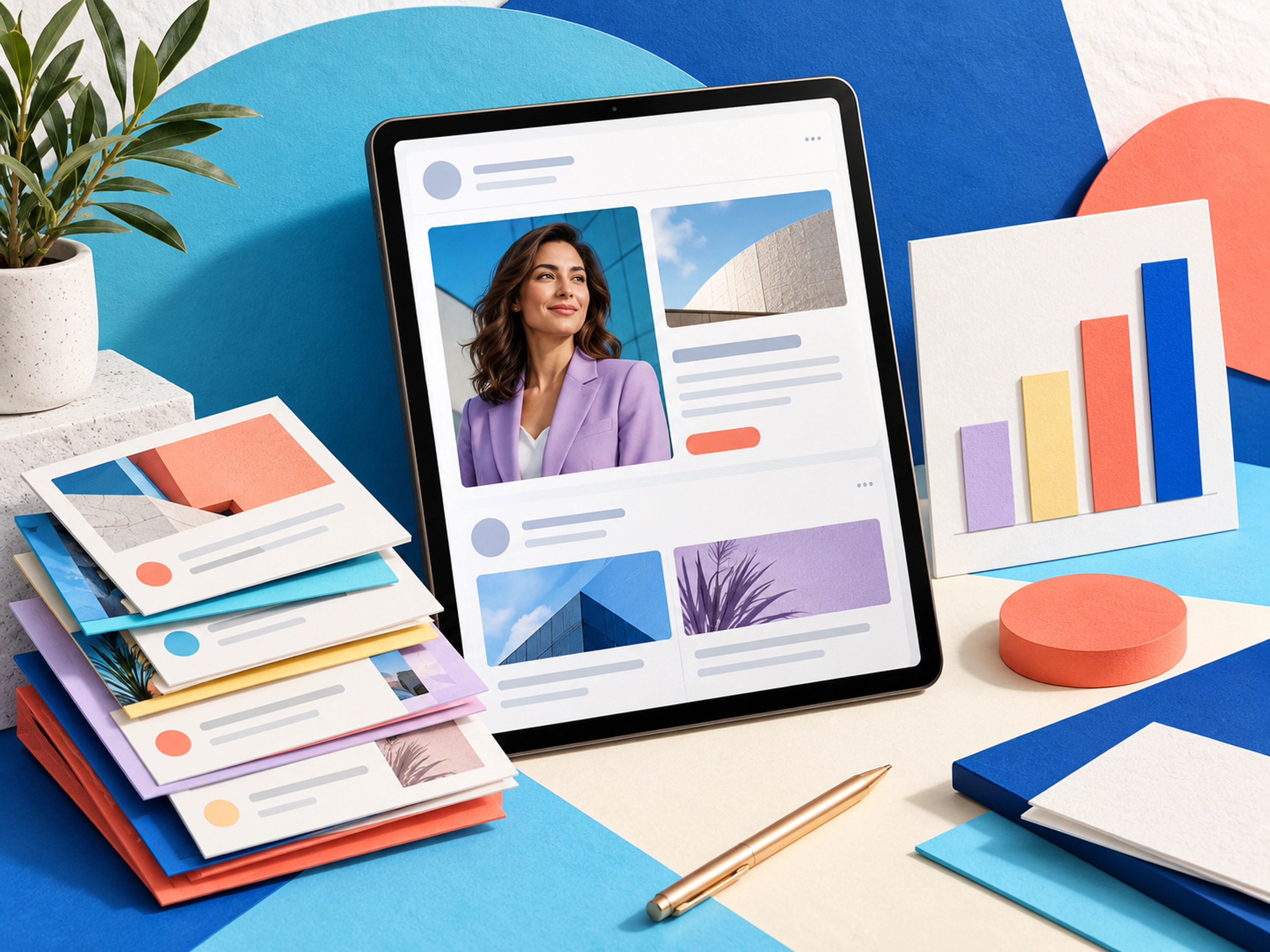 A professional social content system with a tablet feed and reach chart