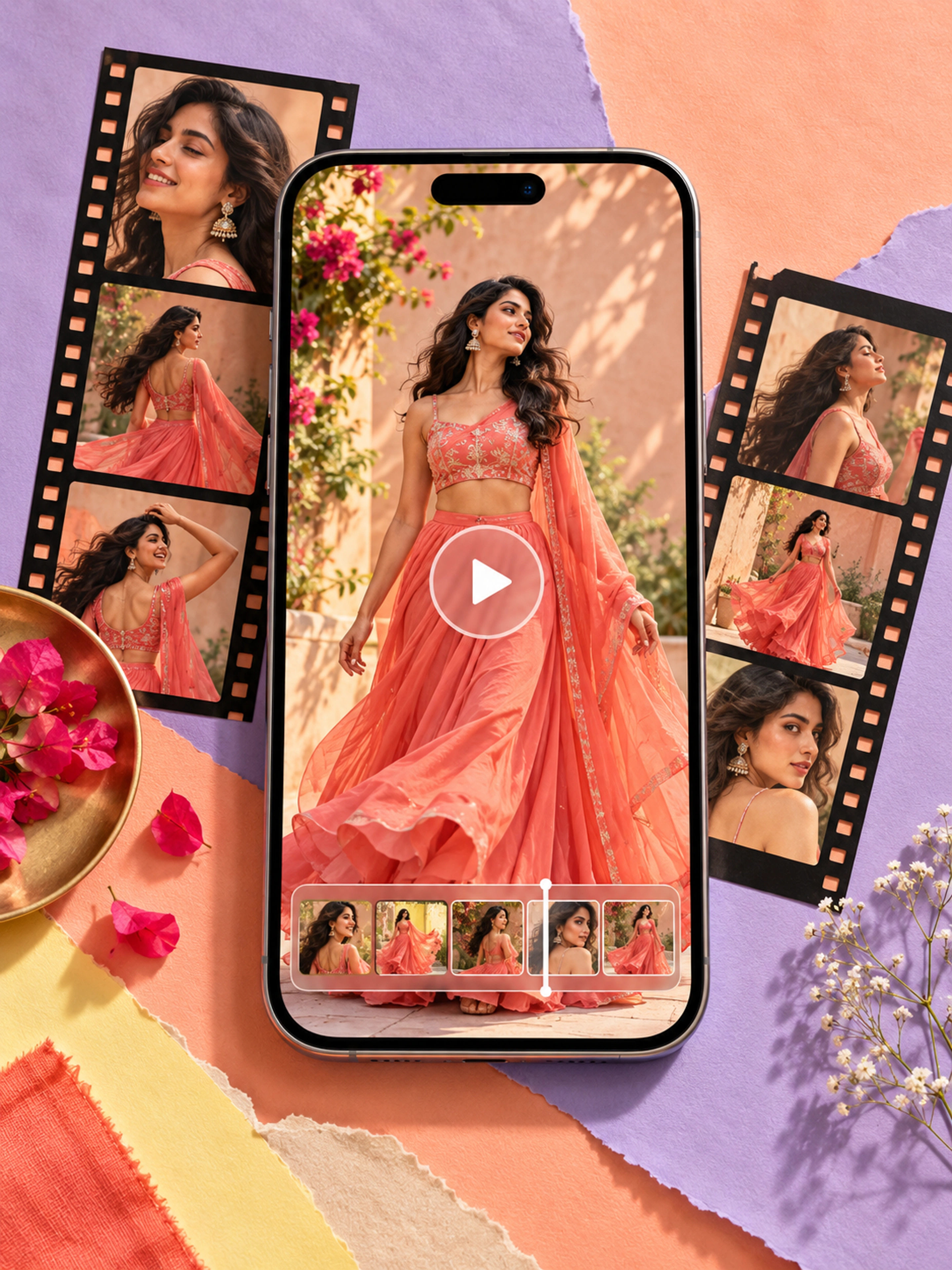 A fashion reel campaign mockup with a smartphone and film contact sheets