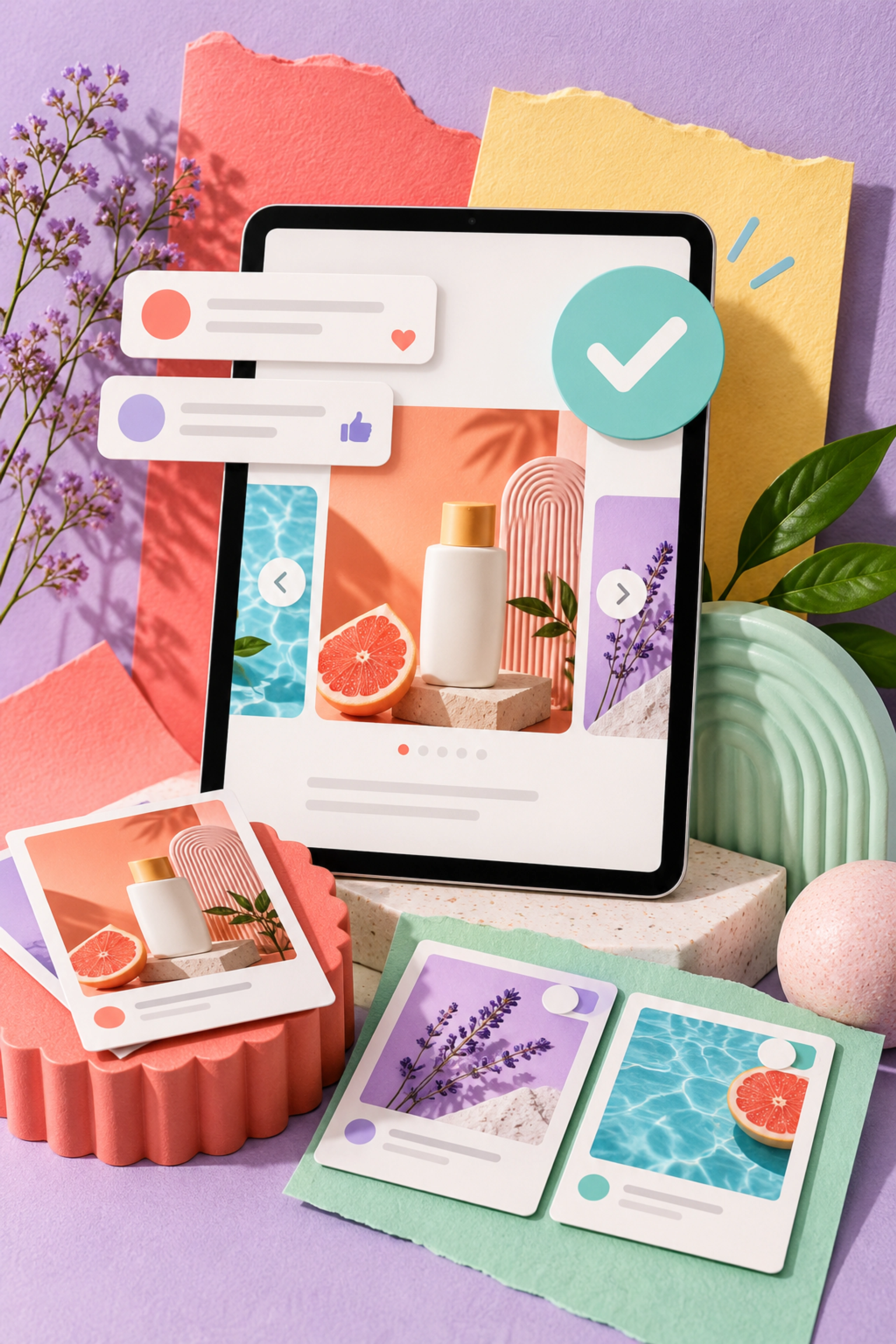 A social carousel preview with client feedback and an approval check