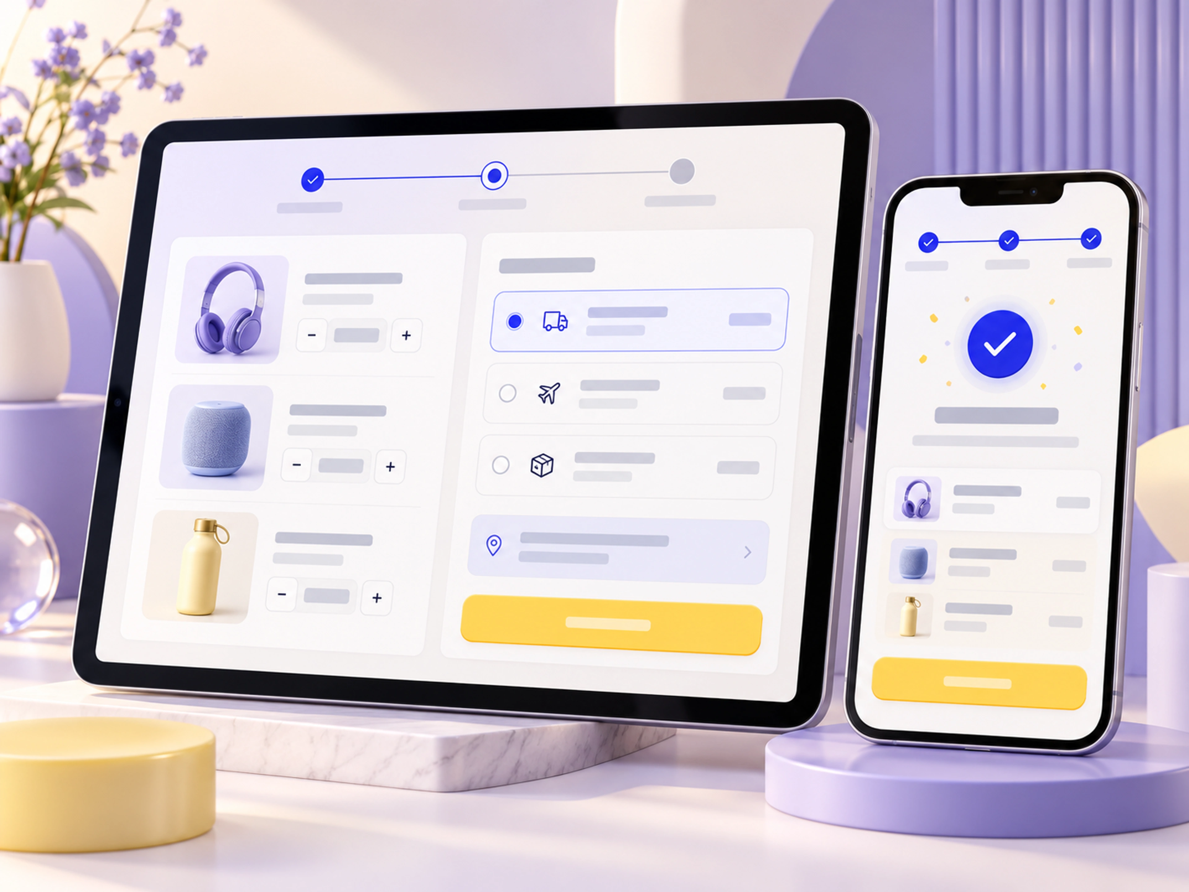 A simplified e-commerce checkout journey shown across tablet and mobile
