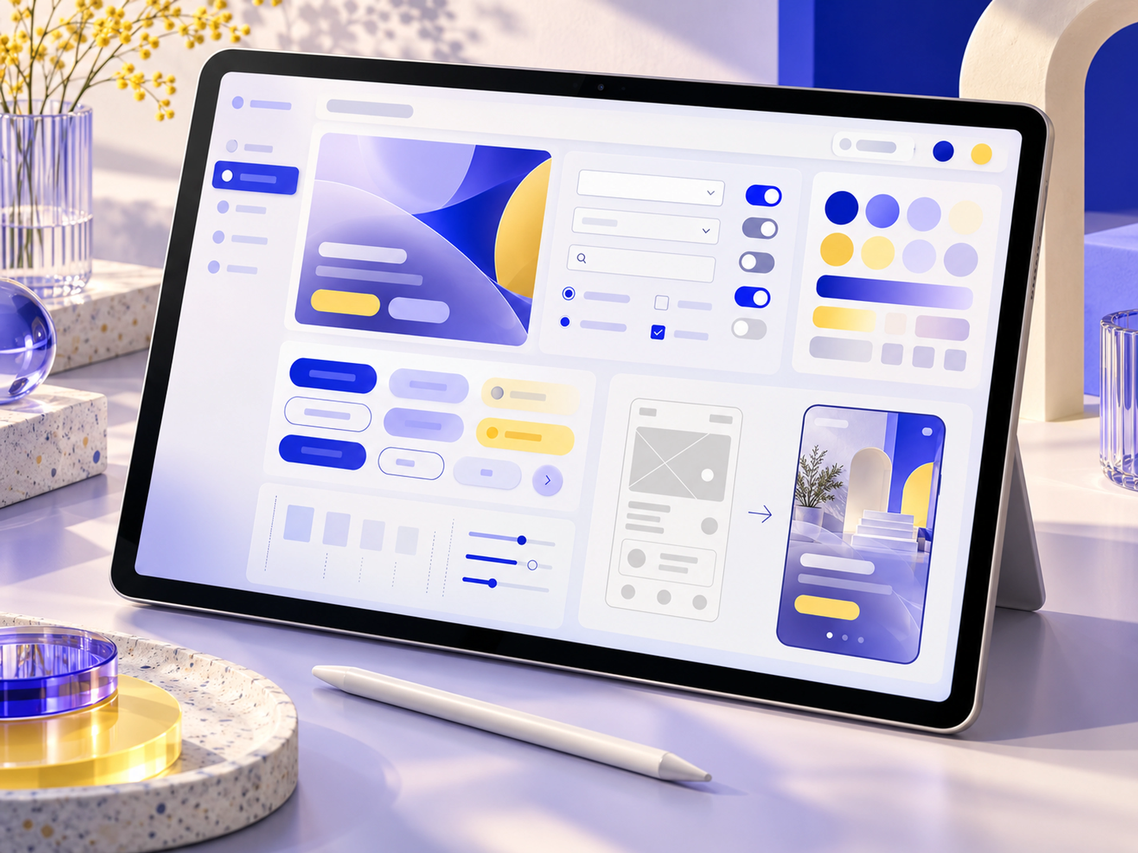 A reusable UI design system with controls, colour tokens, spacing guides and component variants