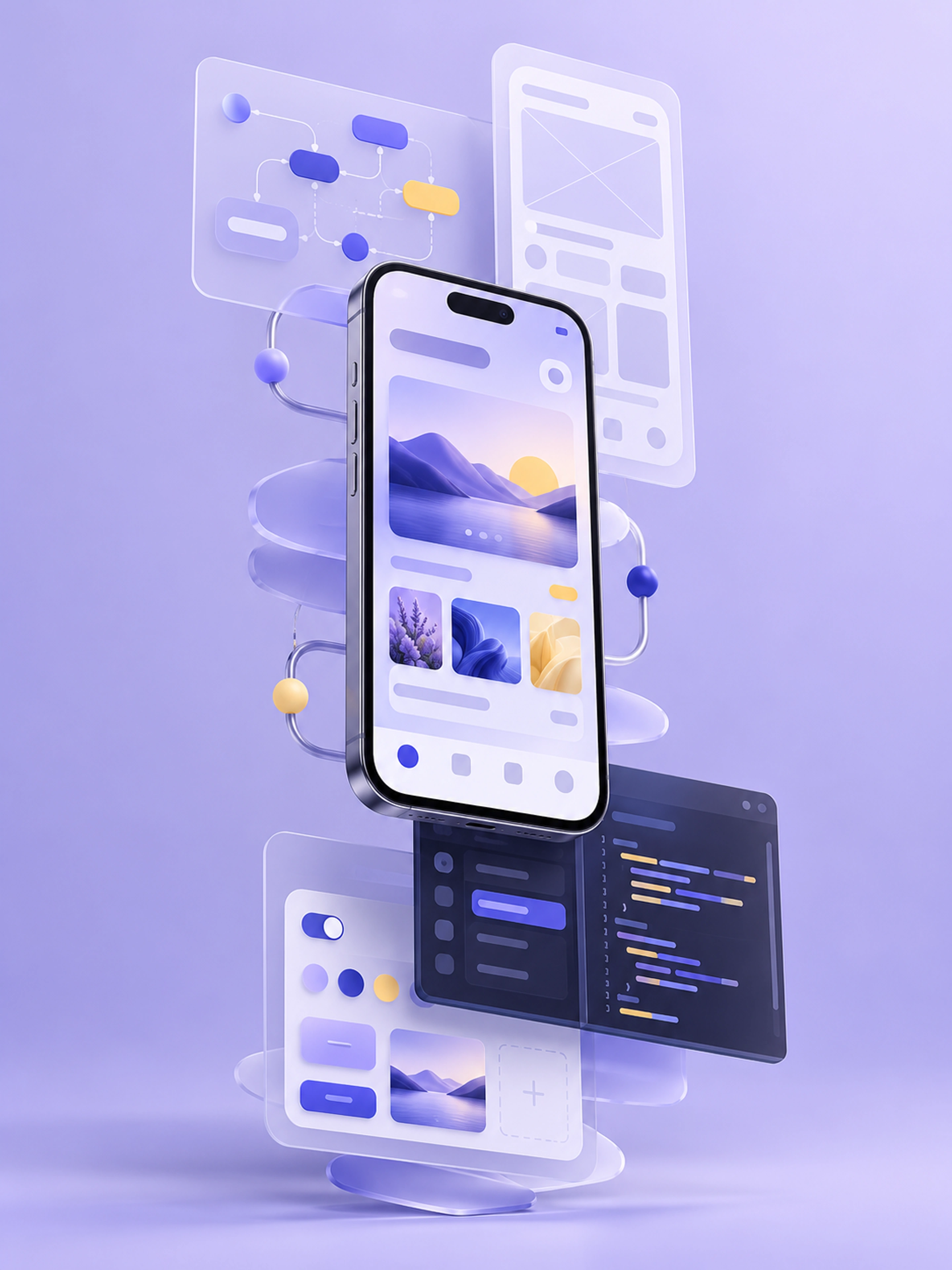 A product design workflow connecting research, wireframes, final interfaces and developer handoff