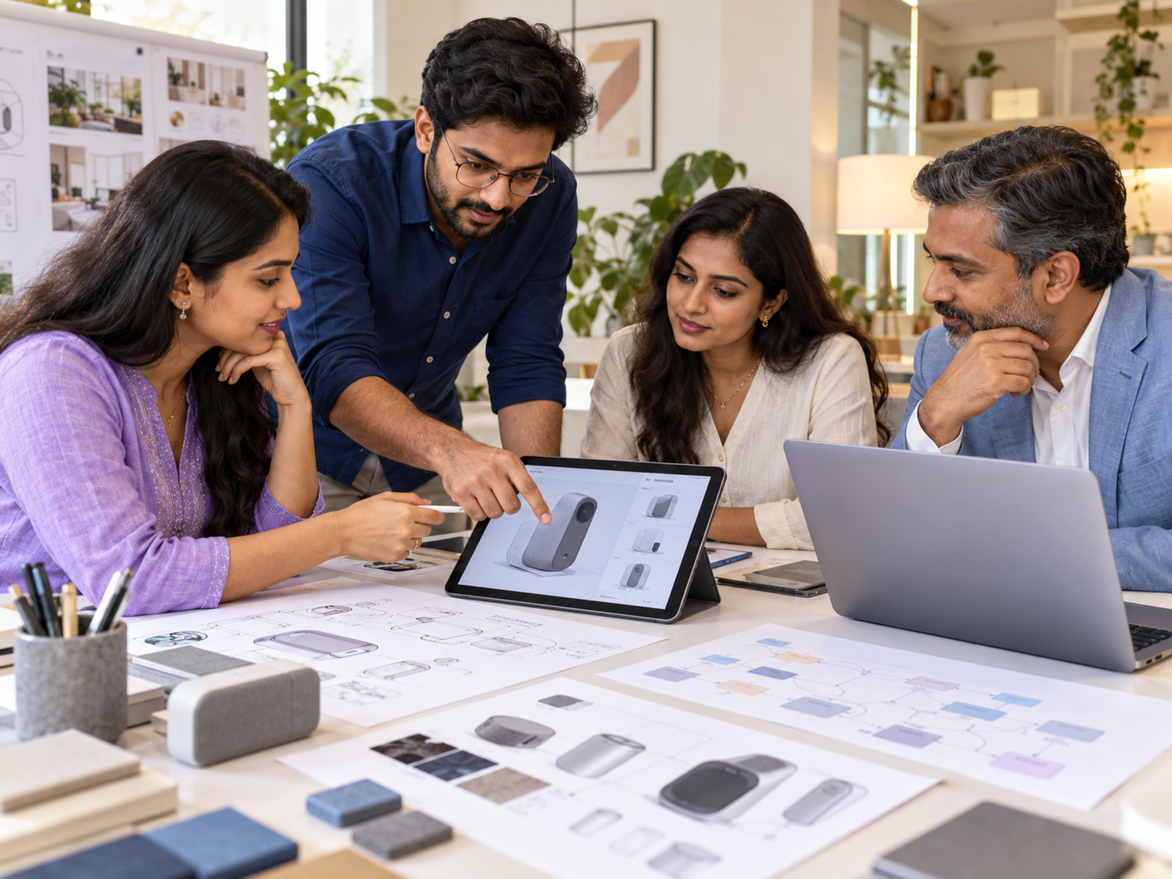 Product designers and a developer reviewing interface prototypes