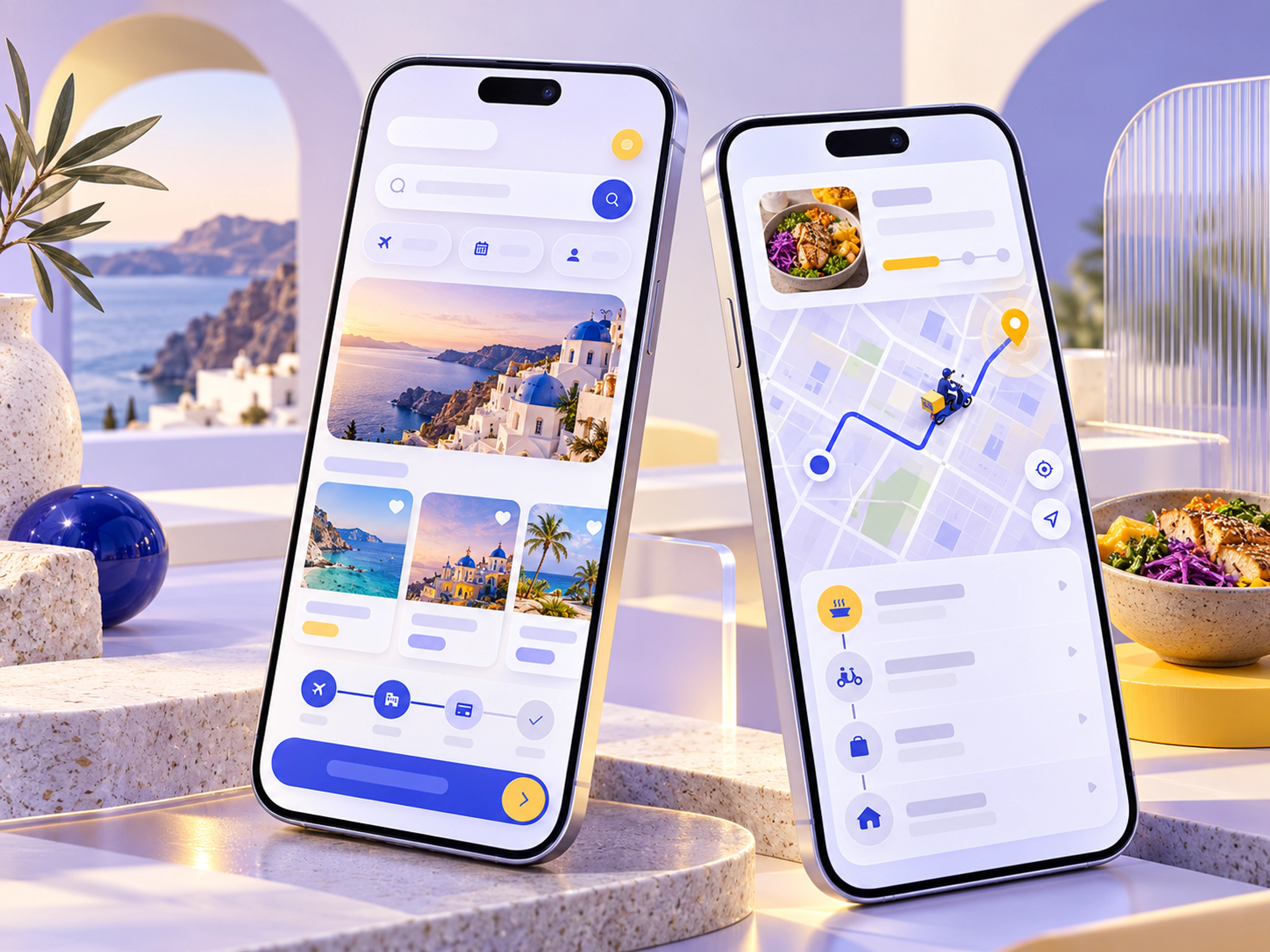 Travel booking and food delivery tracking interfaces with clear next steps