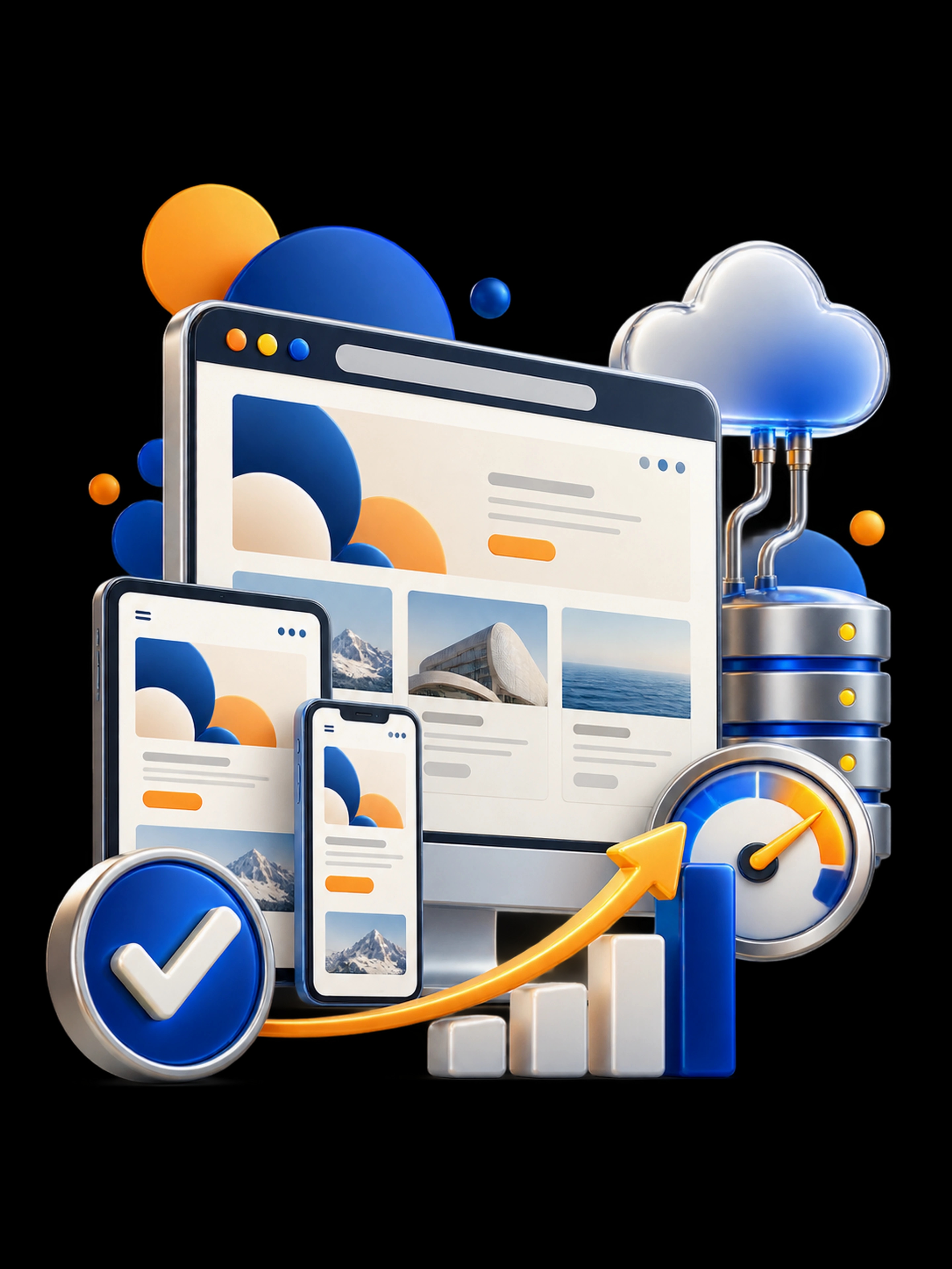 Website launch, performance checks and secure cloud support illustration