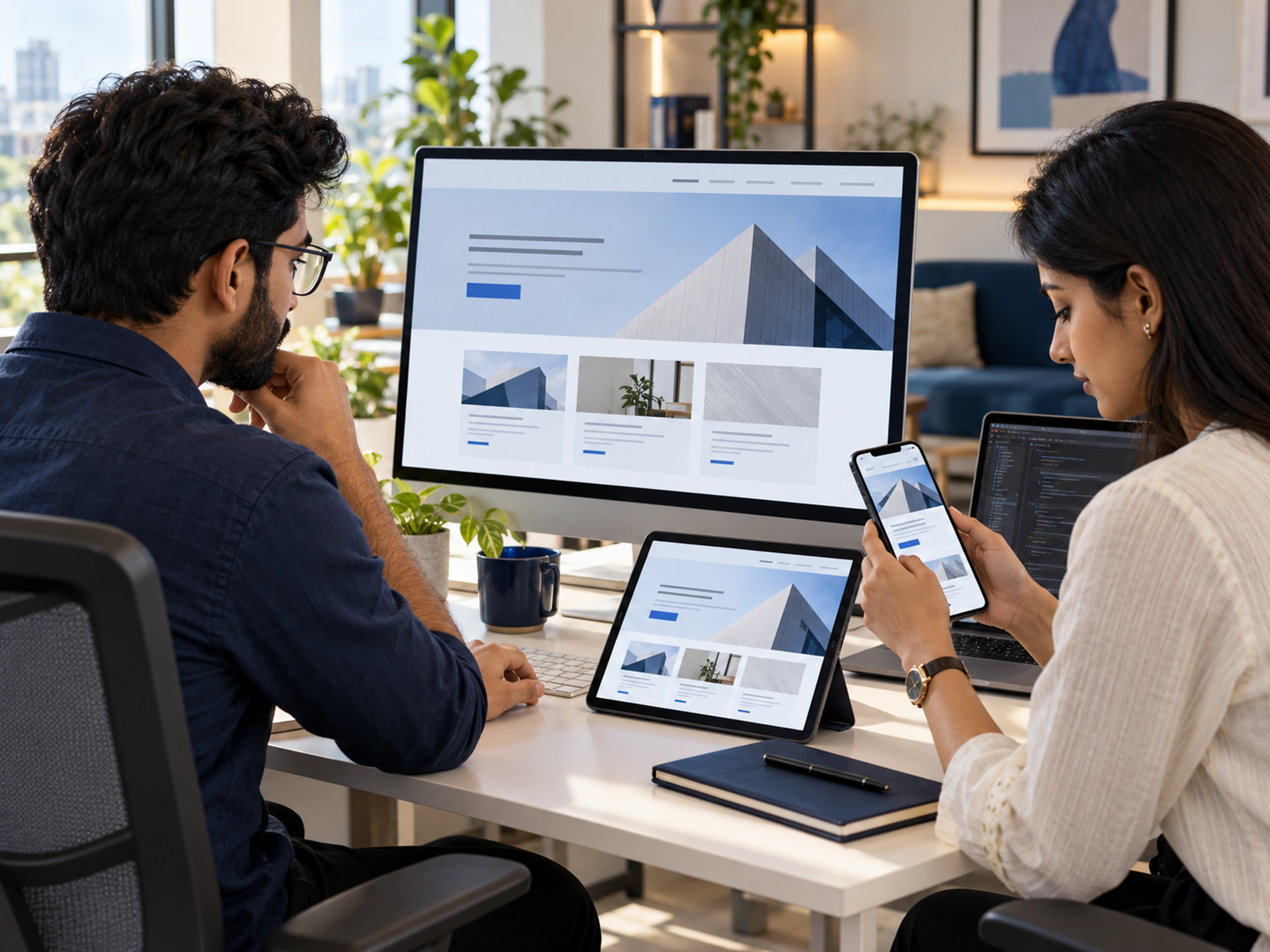 Software engineers testing a responsive website across desktop, tablet and mobile