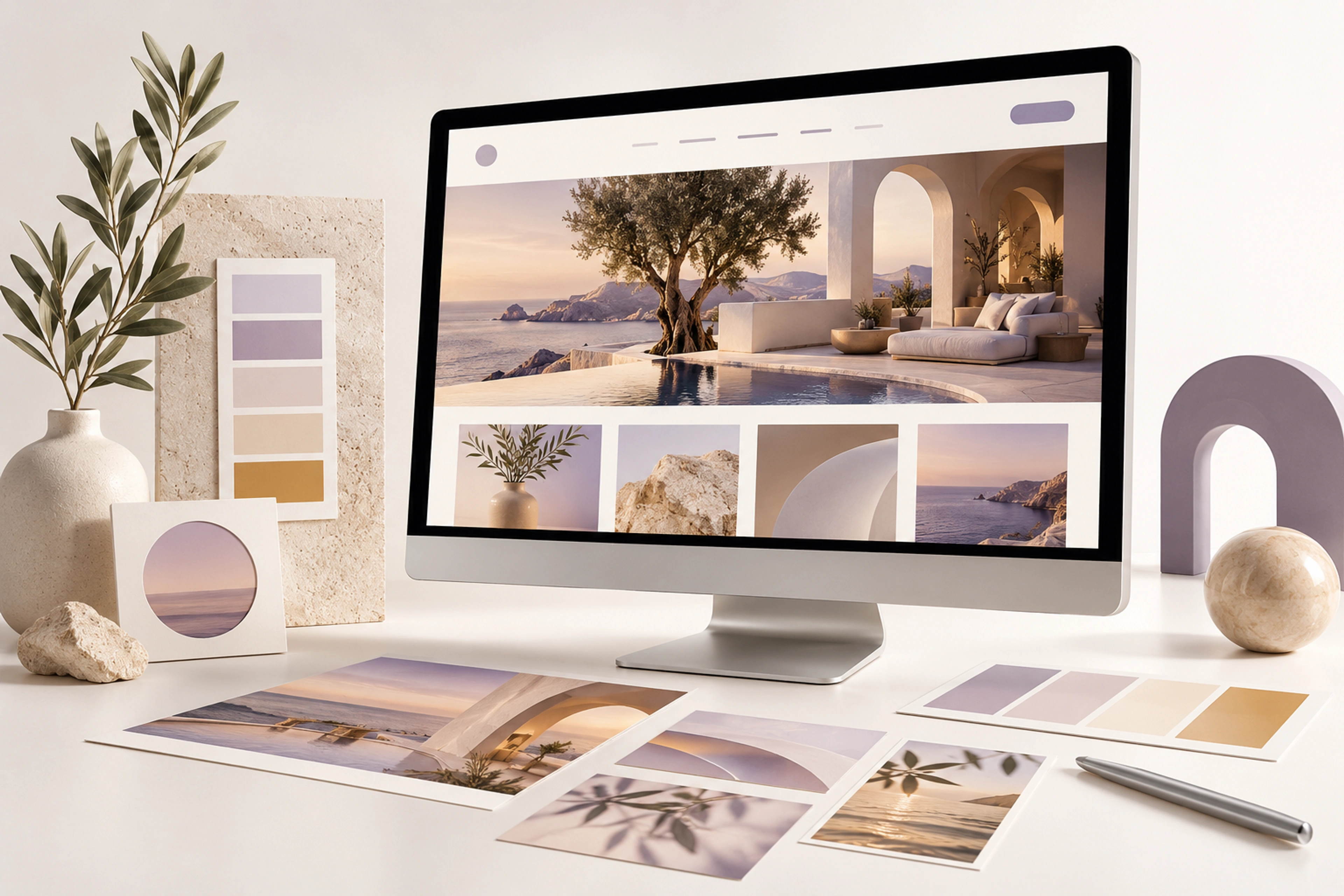 A custom website with coordinated brand colours and visual identity materials