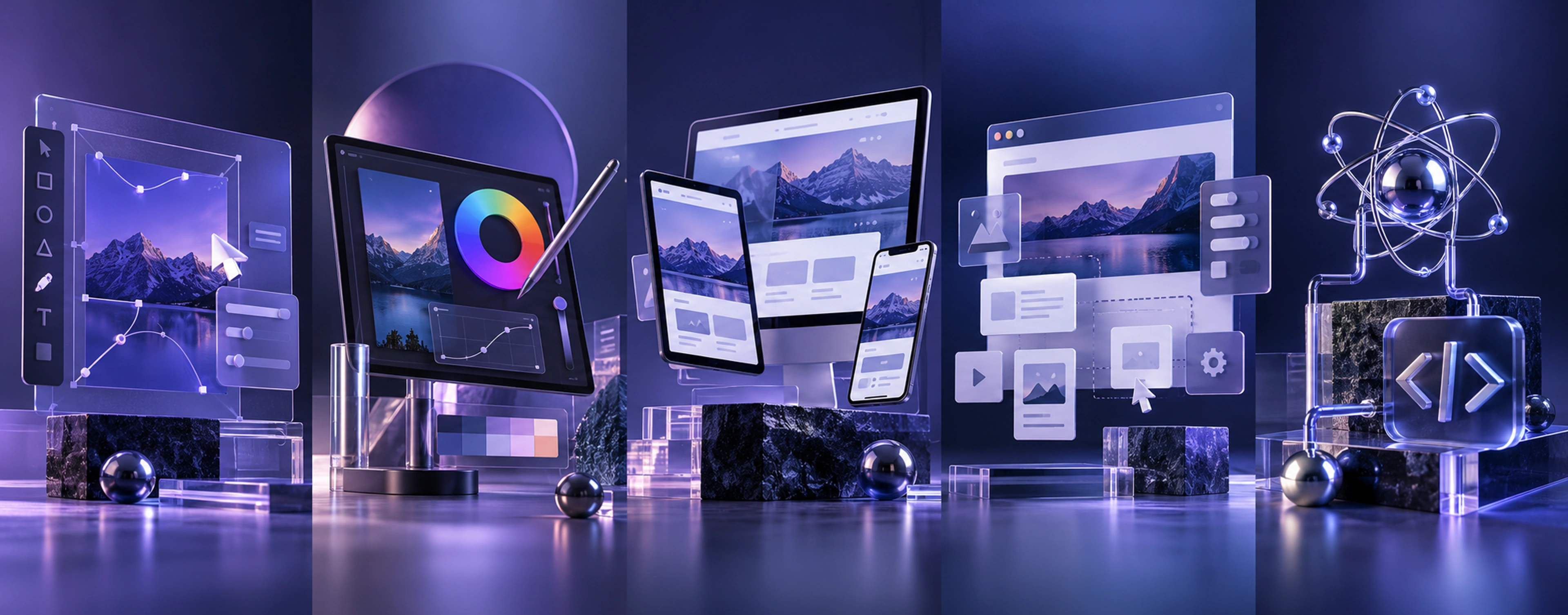 Five coordinated creative workspaces representing interface design, Adobe creative tools, Webflow, WordPress, and React with Next.js