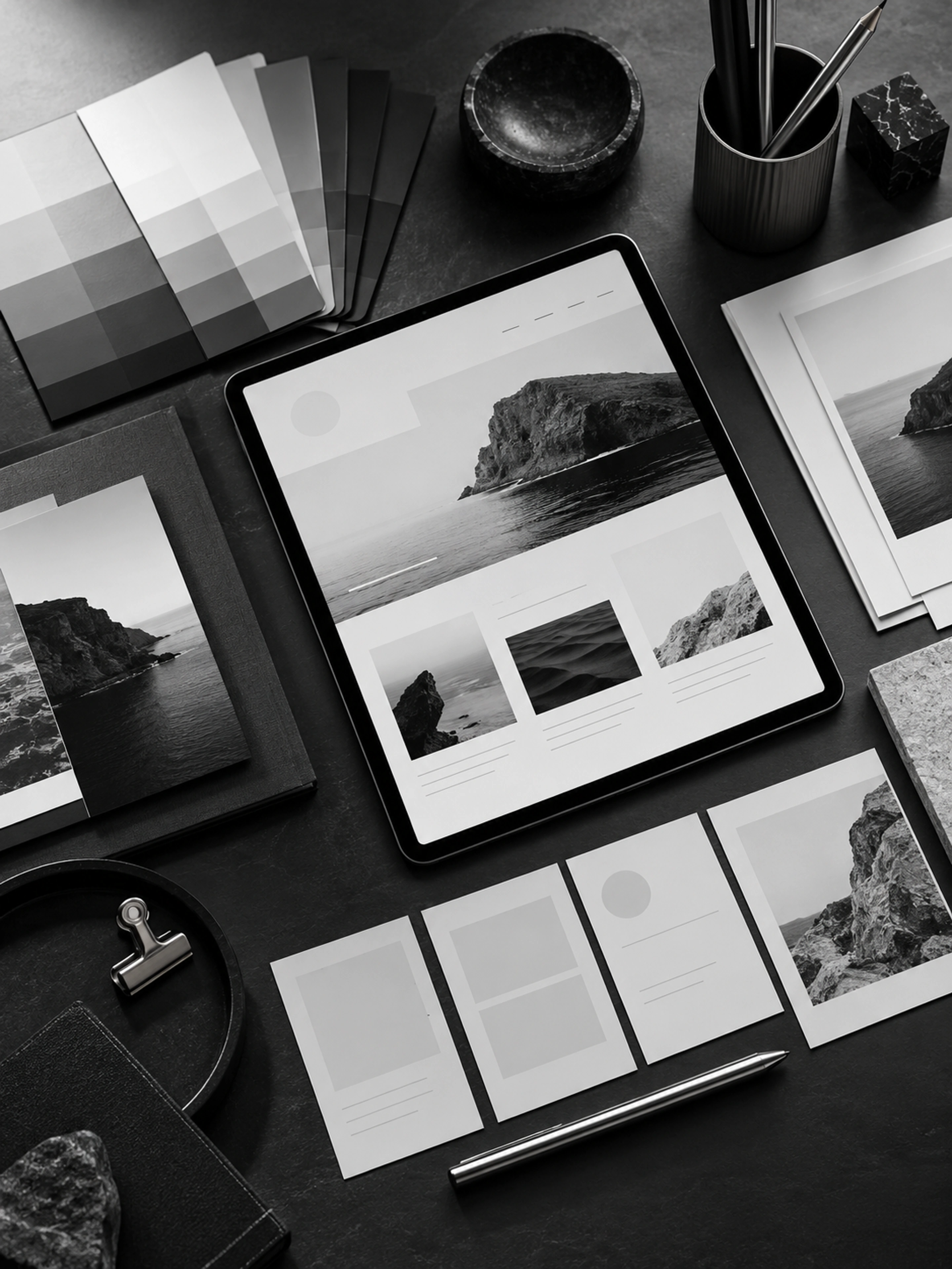 Brand swatches and coordinated website layout cards
