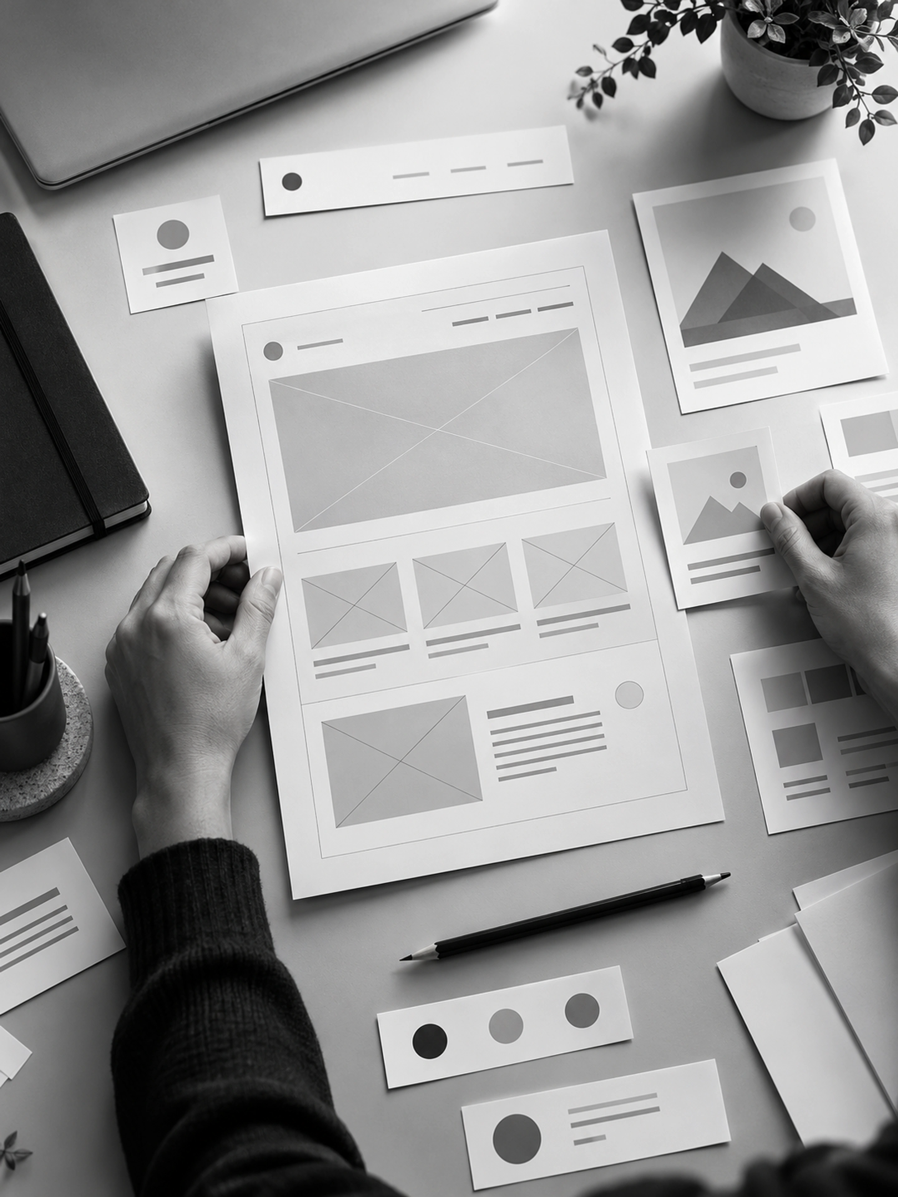Website wireframes and content structure being planned